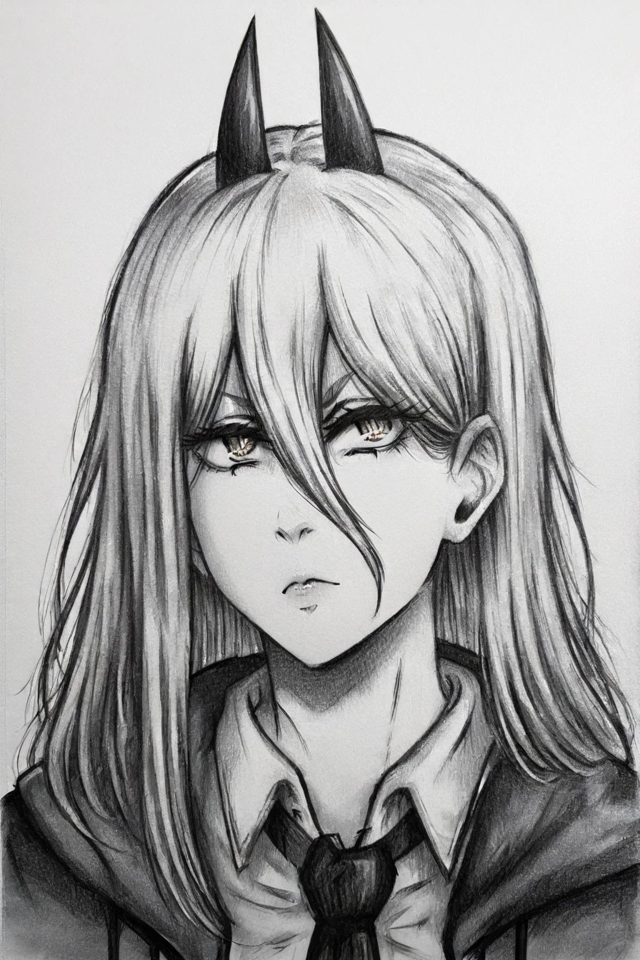 power (chainsaw man), long hair, white hair, horns, demon pupils, 1girl, solo, alone, <lora:drawing_style_illustriousXL:1>, drawing_style, portrait, monochrome, greyscale, masterpiece, highres