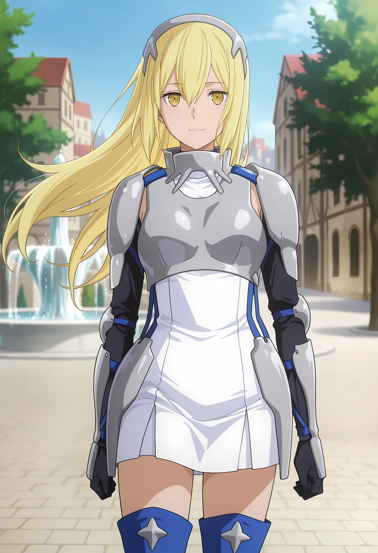 anime screencap, masterpiece, best quality,
<lora:DanMachi_AisWallenstein_IlluXL:0.9>,
1girl, solo, closed mouth, light smile, floating hair,
straight hair, long hair, blonde hair, hair between eyes, yellow eyes,
AisArmor, headgear, breastplate, short dress, white dress, shoulder pads, elbow pads, vambraces, faulds, black gloves,
thigh boots, blue footwear,
standing, looking at viewer,
day, medieval, city, street, tree, fountain, blurry background