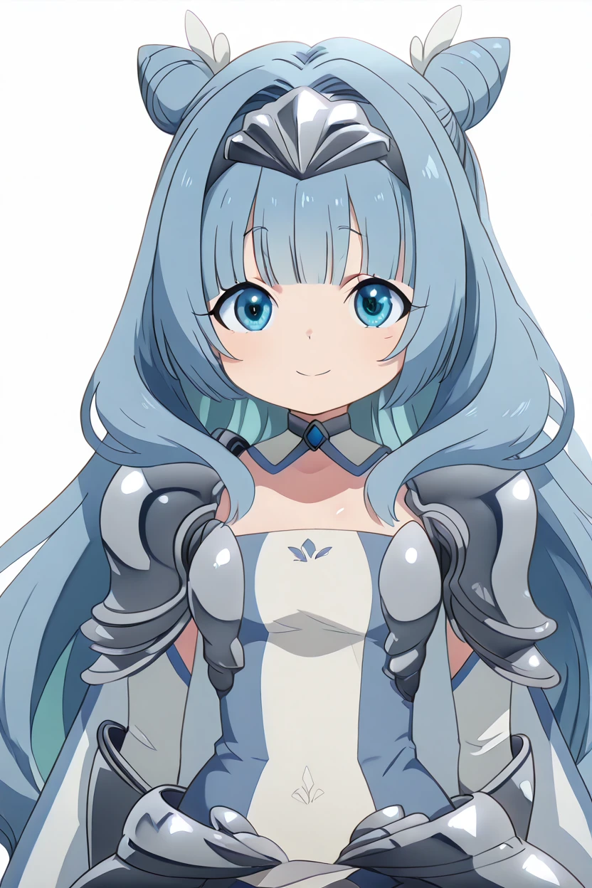 masterpiece, best quality, solo, curvy, beautiful eyes, zzSylphy, blue eyes, blue hair, long hair, blunt bangs, double bun, hair intakes, armor, shoulder armor, pauldrons, hair bun, breastplate, dress, <lora:SylphyMobKaraIXL:1.0>, upper body, smile, looking at viewer, shiny skin,<lora:HaradaTakehitoIXL_v3:1.3>, <lora:ZankuroIXLLight_v2:0.6>,