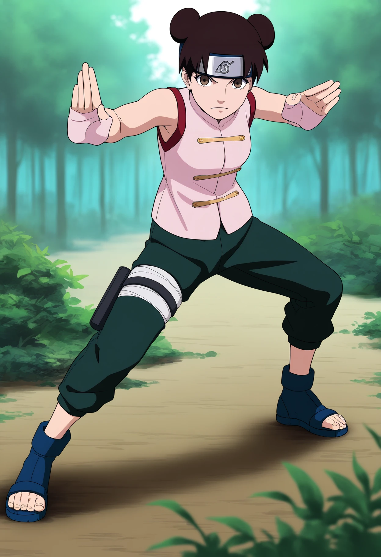 masterpiece, best quality, very aesthetic, absurdres,
1girl, ytenten, brown eyes, brown hair, short hair, double bun, forehead protector,
konohagakure symbol, bare shoulders, sleeveless shirt, pants, bandages, toeless shoes,
fighting stance, full body, looking at viewer, solo, standing, outdoors, forest , <lora:TentenGeninNoobXL_byKonan:1>