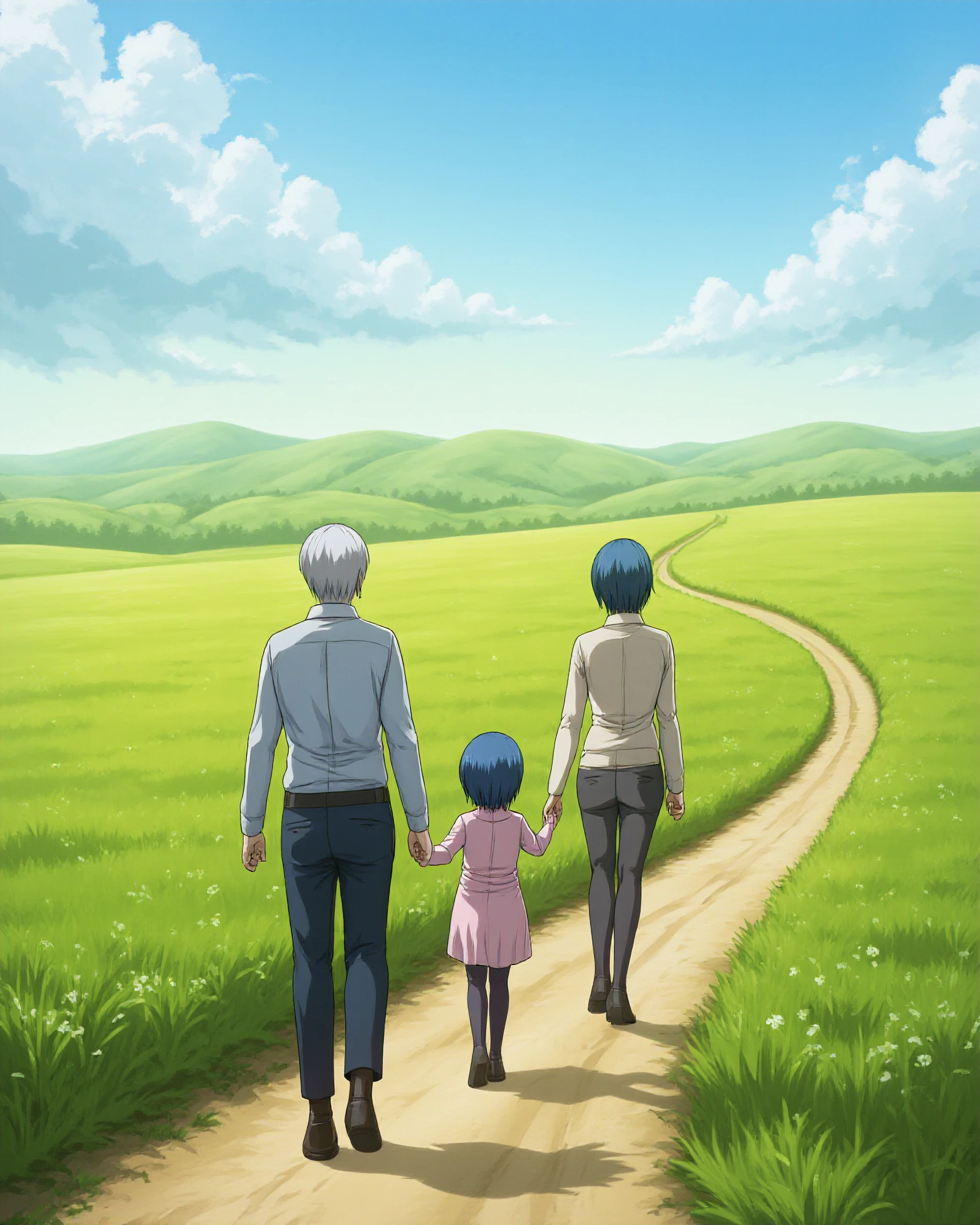 A serene and emotional scene featuring Ken Kaneki, Touka Kirishima, and their young daughter walking hand in hand down a winding dirt road that cuts through a vast, lush green field. The sky is a vivid blue, dotted with fluffy white clouds, and the golden sunlight bathes the landscape in a gentle glow, creating a tranquil and idyllic atmosphere. Ken, with his signature white hair, smiles softly, wearing casual yet slightly worn clothes that reflect his humble and grounded life. Touka, her short blue hair gently swaying in the breeze, wears a light dress, her expression warm and peaceful as she gazes at their daughter. The , with a playful bounce in her step, holds tightly to both of her parents' hands, her laughter seemingly echoing across the open field. Wildflowers dot the vibrant greenery, and distant rolling hills fade into the horizon, symbolizing hope, family, and new beginnings. The composition captures a rare moment of joy and togetherness, emphasizing the enduring bond between the trio.