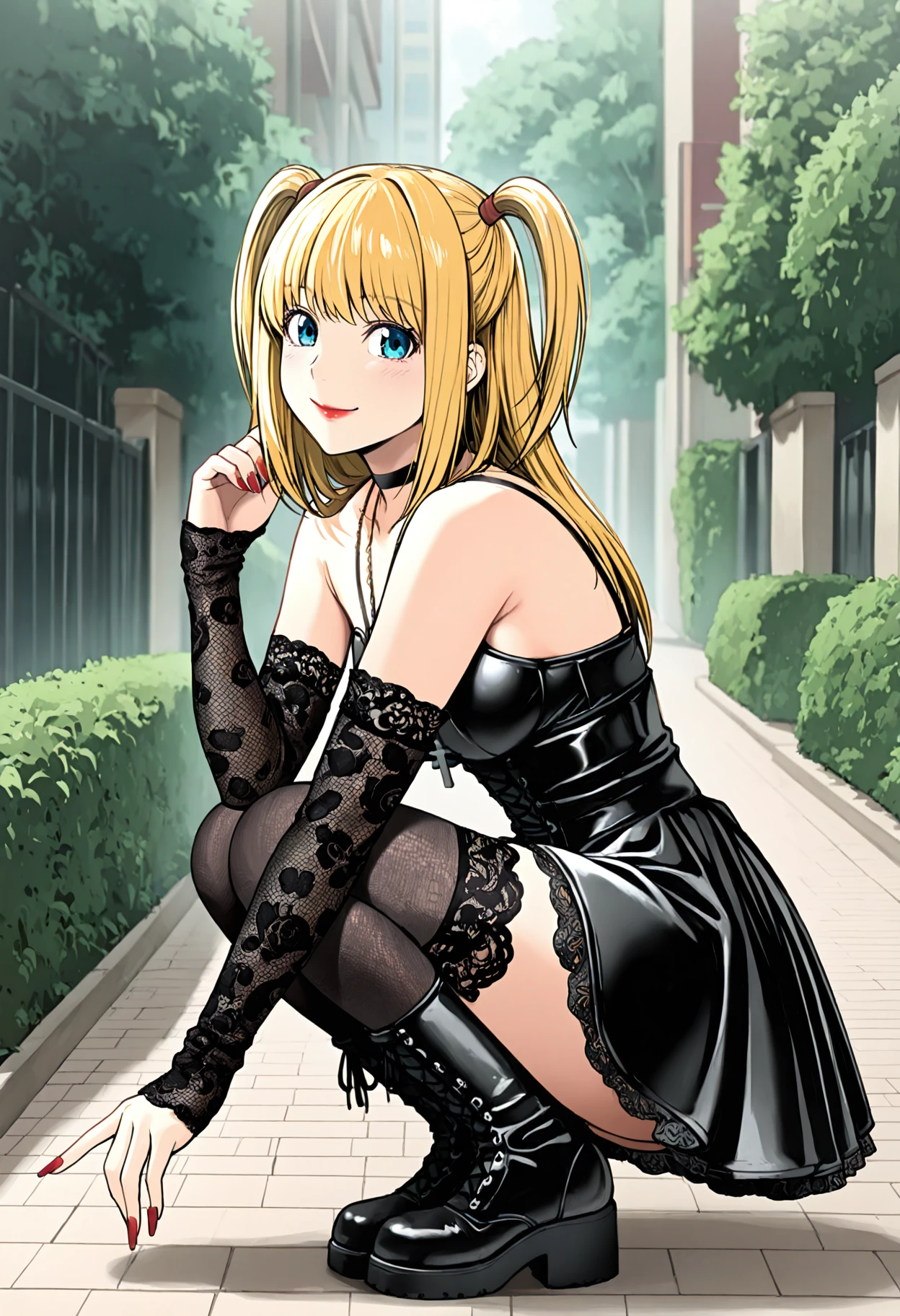 masterpiece, best quality, amazing quality, very aesthetic, absurdres, newest, 1girl, abstract backgroud, surreal background,
(ichimi),
<lora:misa_amane_illustr3:1> aman3_m15a, blonde hair, blue eyes, bangs, long hair, two side up, lips, red lips, straight hair, short hair, twintails, black choker, cross necklace, gothic, black dress, black thighhighs, lace thighhighs, lace-trimmed thighhighs, black lace thighhighs, black detached sleeves, black lace detached sleeves, lace sleeves, lace-trimmed detached sleeves, red nails, long fingernails, black lace-up boots, black footwear,
smile, looking at viewer, sitting, squatting, from side, view from side,