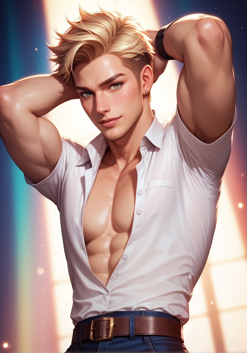 score_9, score_8_up, score_7_up, detailed. Realistic digital art depicting a stunning, handsome man with chiseled features and piercing eyes. He is dressed in a tailored suit, with a crisp white shirt opened slightly to reveal a hint of his toned chest. The background is a soft, pastel color, with delicate, swirling patterns dancing in the air. The man's face is illuminated by a warm, golden light, emphasizing his beauty and allure, while the dreamlike atmosphere and slightly lewd angle transport the viewer to a magical, otherworldly realm of desire.