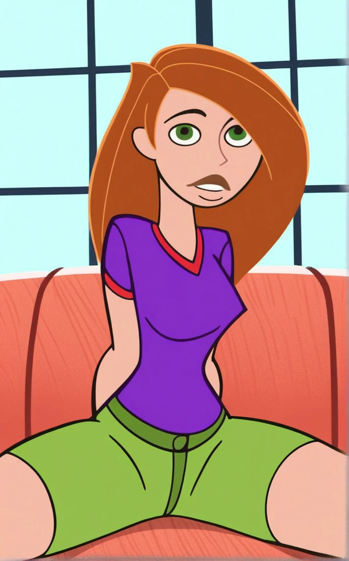 score_9, score_8_up, score_7_up, sitting, spread legs, arms behind back, couch, window shade, indoors, depth of field, solo, looking at viewer, <lora:PONYXL_STYLE_KimPossibleTV_ownwaifu:1>, BREAK Female_KimPossibleTV_ownwaifu, flat color, parody, 1girl, breasts, jewelry, makeup, long hair, shirt ,