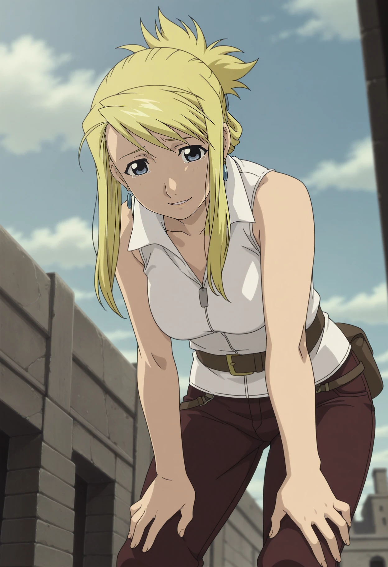 1girl,solo,mm,mature female,blonde hair,blue eyes,folded ponytail,long hair,earrings,jewelry,anime coloring,
white shirt,sleeveless,pants,belt,leaning forward, hand on own thigh, outstretched arm, sad smile, tears,parted lips, outdoors,looking at viewer, looking down, from below,
,masterpiece,best quality,amazing quality,<lora:Winry_Rockbell-Fullmetal_Alchemist_The_Movie_-_Conqueror_of_Shamballa:0.8>