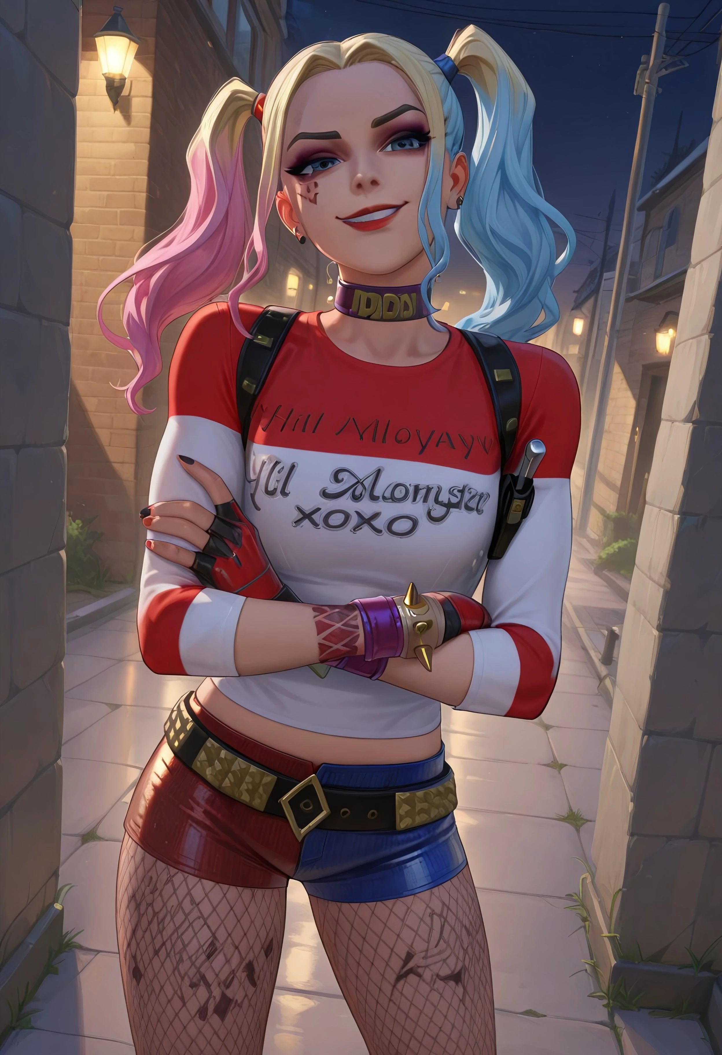 masterpiece, best quality, BREAK, dynamic angle, 1girl, blue eyes, solo, harleyqlmx, makeup, twintails, multicolored hair, facial tattoo, leg tattoos, spiked bracelet, purple bracelet, long sleeved shirt, shoulder holster, choker, short shorts, belt, fishnets, arms crossed, looking at viewer, smirk, alleyway, night time, detailed scenery