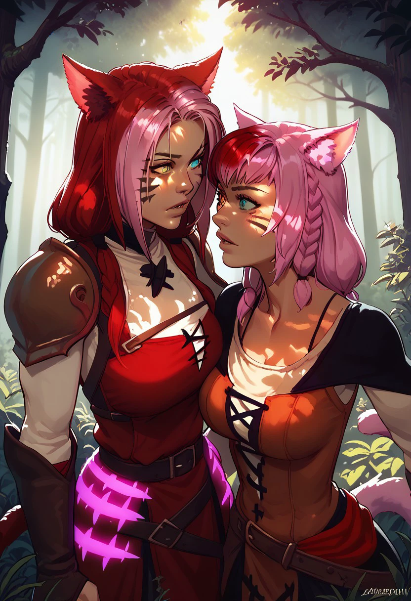 score_9, score_8_up, score_7_up, 2 girls, sabrith, girl tayelle, sabrith and tayelle, indoor, outside, fantasy forest, outdoor, fit, soft lighting, close, clothes, sabrith red cross-laced dress with loin, tayelle with white ouftit, dramatic lighting volumetric lighting, digital art, sunny day, intense, cat ears, cat tail, heterochromia, different heights, (eyes open), looking at each other intensly, sabrith red hair, sabrith red cat tail, tayelle pink fluffy fox tail, tayelle pink hair