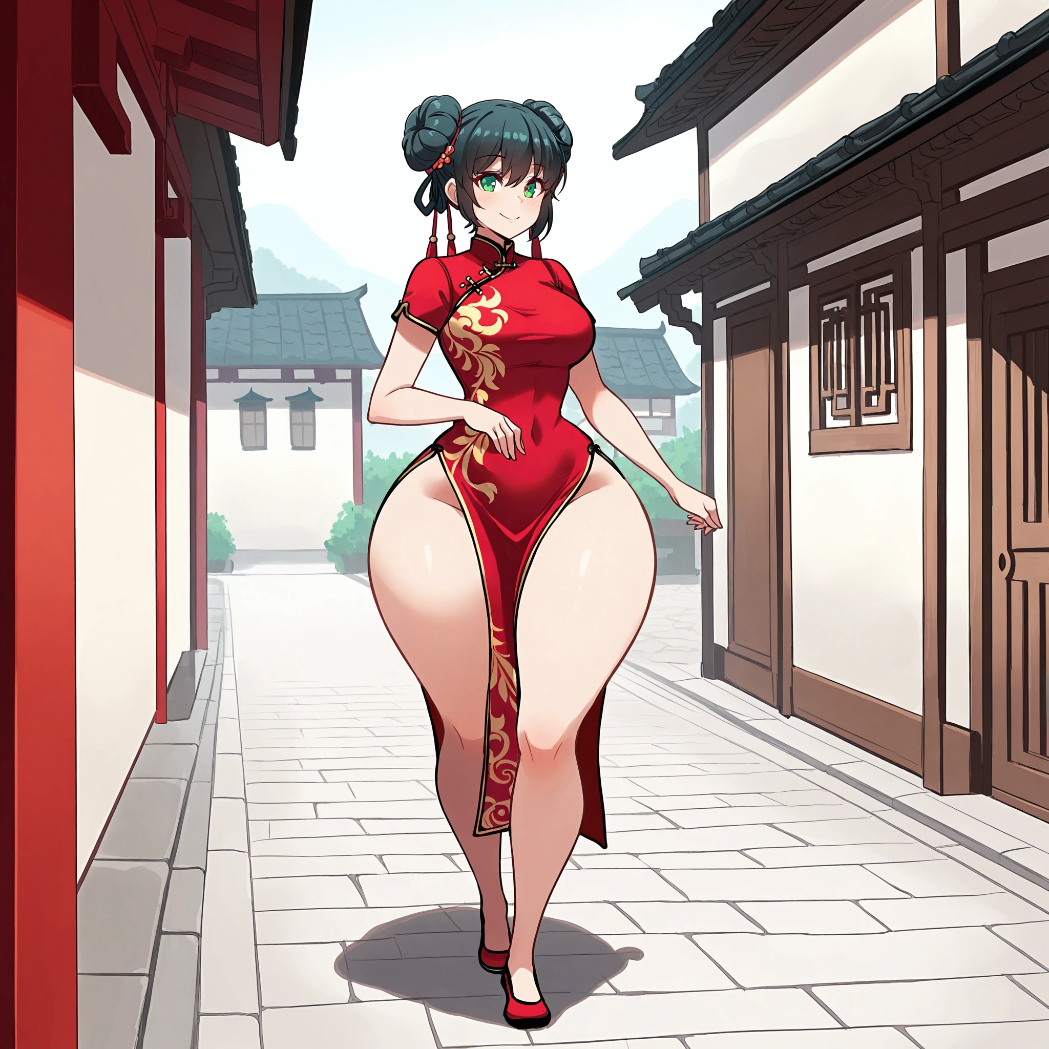 (masterpiece), best quality, (highly detailed), 1female, solo, <lora:Alpha_Erasure_Style_Illustrious:0.8>, village, red chinese dress, black hair, hair buns, green eyes, wide hips, walking, smile,