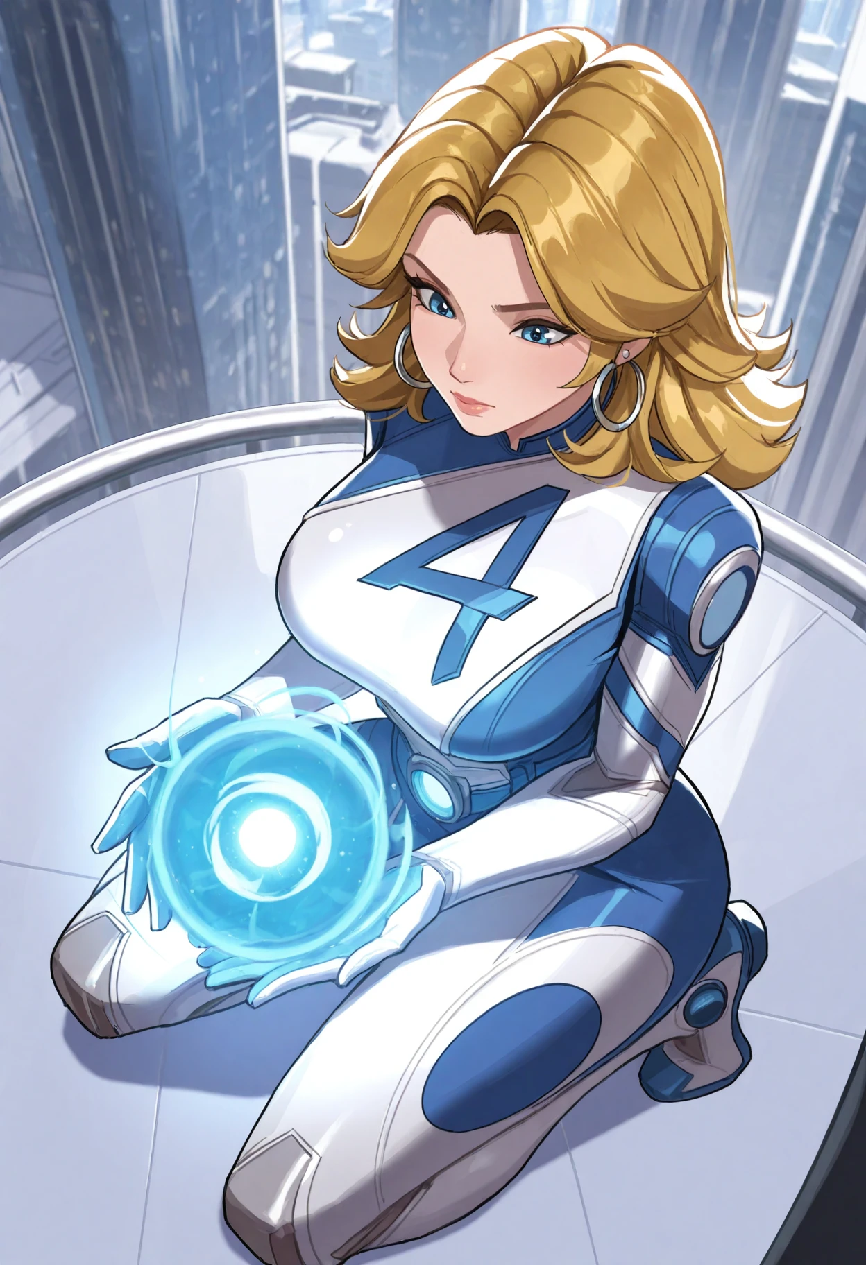 suest0rm, kneeling, overhead shot, 1girl, susan storm, fantastic four, long blonde hair, blue eyes, hoop earrings, large breasts, magic, city, best quality, masterpiece, <lora:SueStormInvisibleWomanv2:1>
