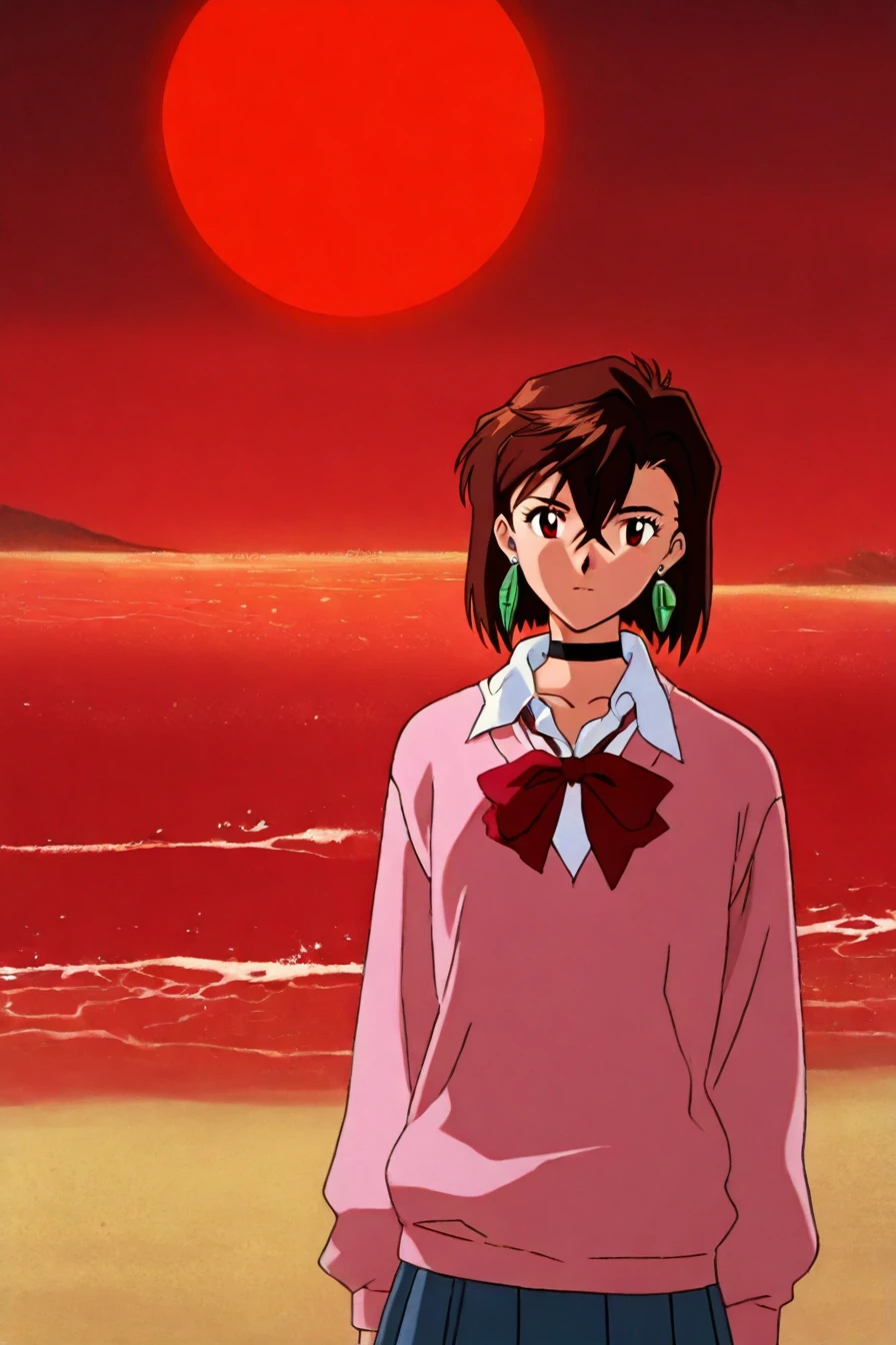 <lora:ayase_momo-koto-Illustrious v01:0.6> ayasemomo, hair between eyes, crossed bangs, green earrings, brown hair, red eyes, black choker, short hair, white shirt, red bowtie,pleated skirt,school uniform, pink cardigan, long sleeves, 1girl, solo, alone, red sun, beach ,sand, sea , red sea, <lora:neon_genesis_evangelion_style_illustriousXL:0.8>, neon_genesis_evangelion_style, retro, masterpiece, highres