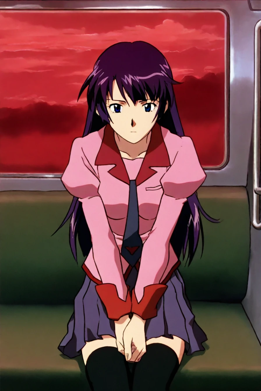 hitagi senjougahara, bangs, long hair, blue eyes, purple hair,skirt, thighhighs, school uniform, necktie, black thighhighs, zettai ryouiki, naoetsu high school uniform, sitting inside a train, red theme, head in hands, despair pose, 1girl, solo, alone, <lora:neon_genesis_evangelion_style_illustriousXL:0.8>, neon_genesis_evangelion_style, retro, masterpiece, highres