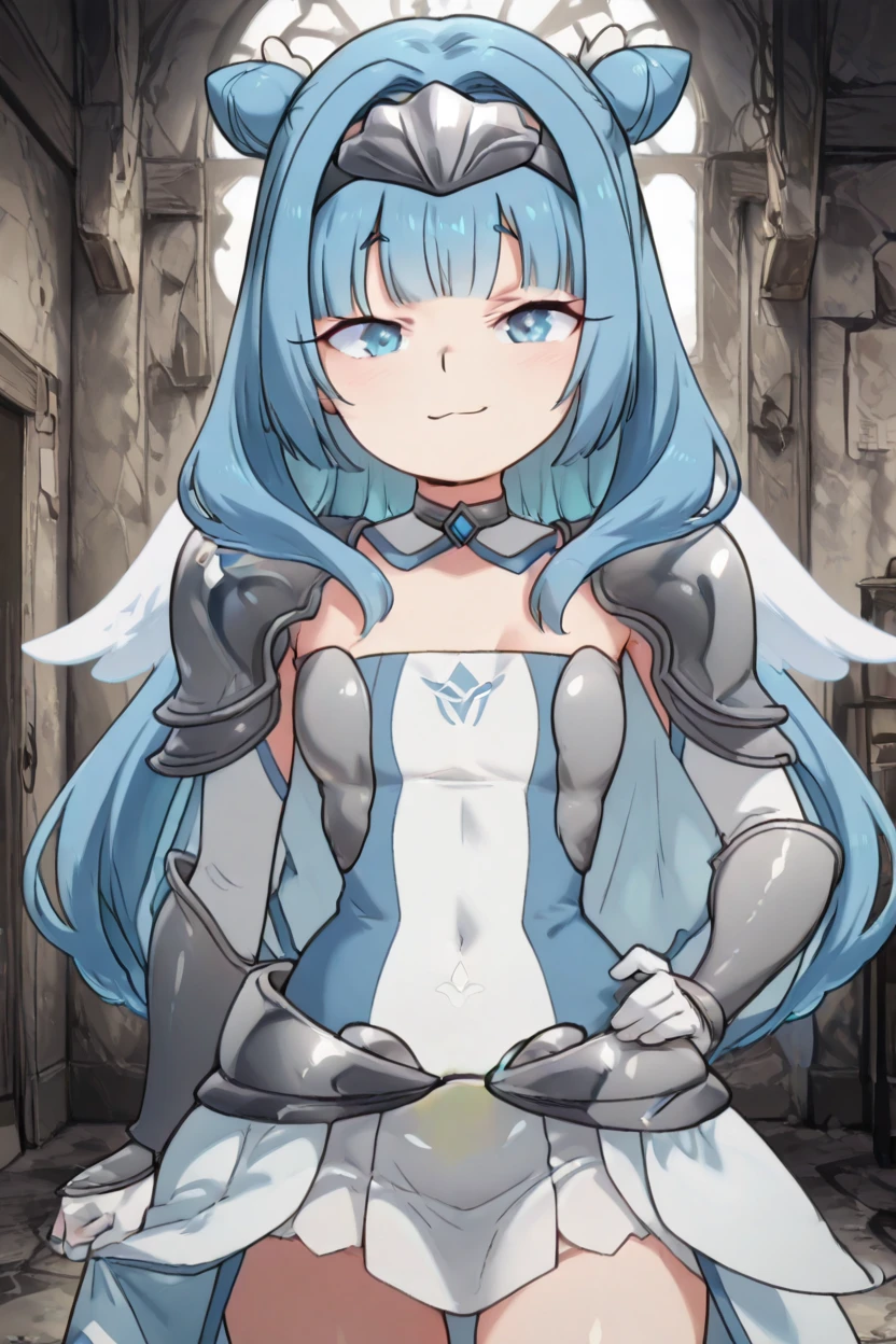 masterpiece, best quality, solo, curvy, beautiful eyes, zzSylphy, blue eyes, blue hair, long hair, blunt bangs, double bun, hair intakes, armor, shoulder armor, pauldrons, hair bun, breastplate, dress, <lora:SylphyMobKaraIXL:1.0>, cowboy shot, hand on hip, smug, smile, looking at viewer, shiny skin,<lora:TobiaswhellerIXL_v2:1.0>,