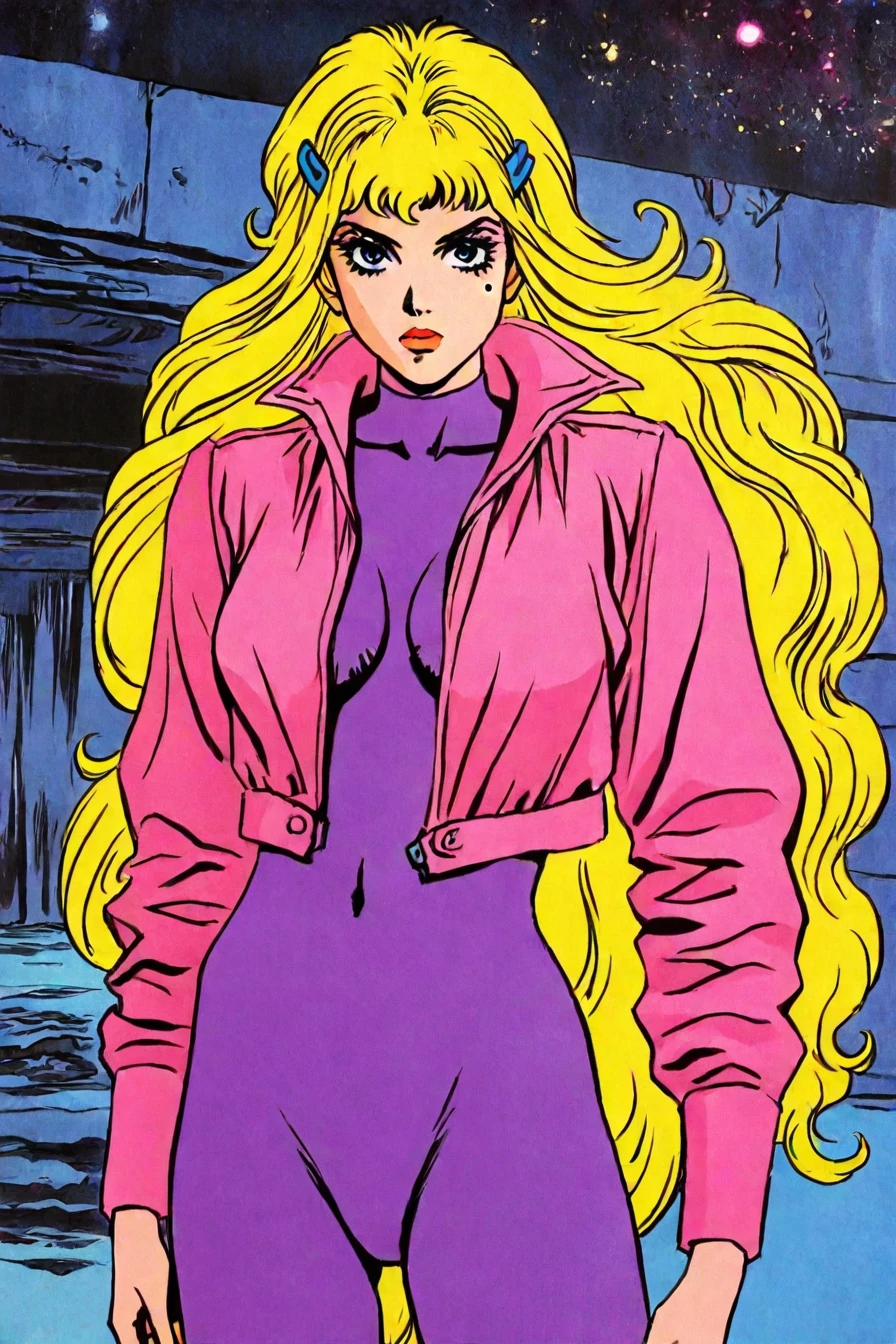 fuurinji miu, blonde hair, long hair, blue eyes, mole under right eyes, slim waist, large breast, pink jacket, purple bodysuit, hairclip, 1girl, solo, alone, <lora:retro_comic_fantasy_illustriousXL-000019:0.8>, retro, comic, fantasy, masterpiece, highres