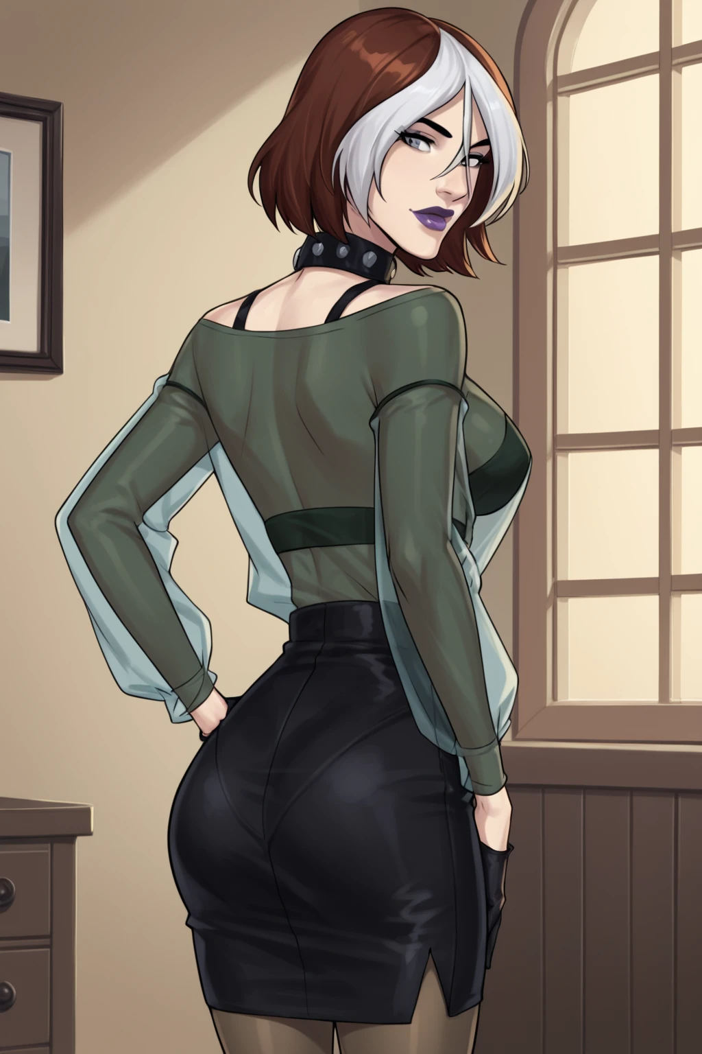PonyXLV6_Scores BREAK ((parody), perfect anatomy, perfect eyes, cowboy shot, back view) <lora:add_details_xl:0.8> BREAK <lora:RogueEVO:0.8> anne marie, short hair, multicolored hair, two-tone hair, brown hair, white hair, grey eyes, makeup, lipstick, purple lips, flirting, raised eyebrow, ((looking back at viewer)), studded collar, see-through, shirt, long sleeves, black gloves, pencil skirt, pantyhose, large breasts, curvy, toned, athletic, standing, hands on hip, indoors