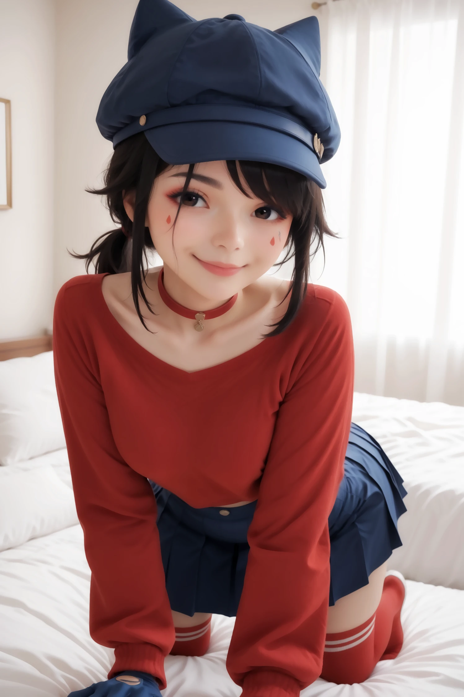 score_9, score_8_up, score_7_up, masterpiece, best quality, imtdmitahat, 1girl, 19 years old, hat, blue headwear, gloves, black hair, pleated skirt, thighhighs, red sweater, blue skirt, long sleeves, choker, blue gloves, facial mark, cabbie hat, animal hat, sidelocks, short ponytail, white panties, wide hips, close up, from behind, all fours, on bed, looking at viewer, seductive look, smile, closed mouth, night