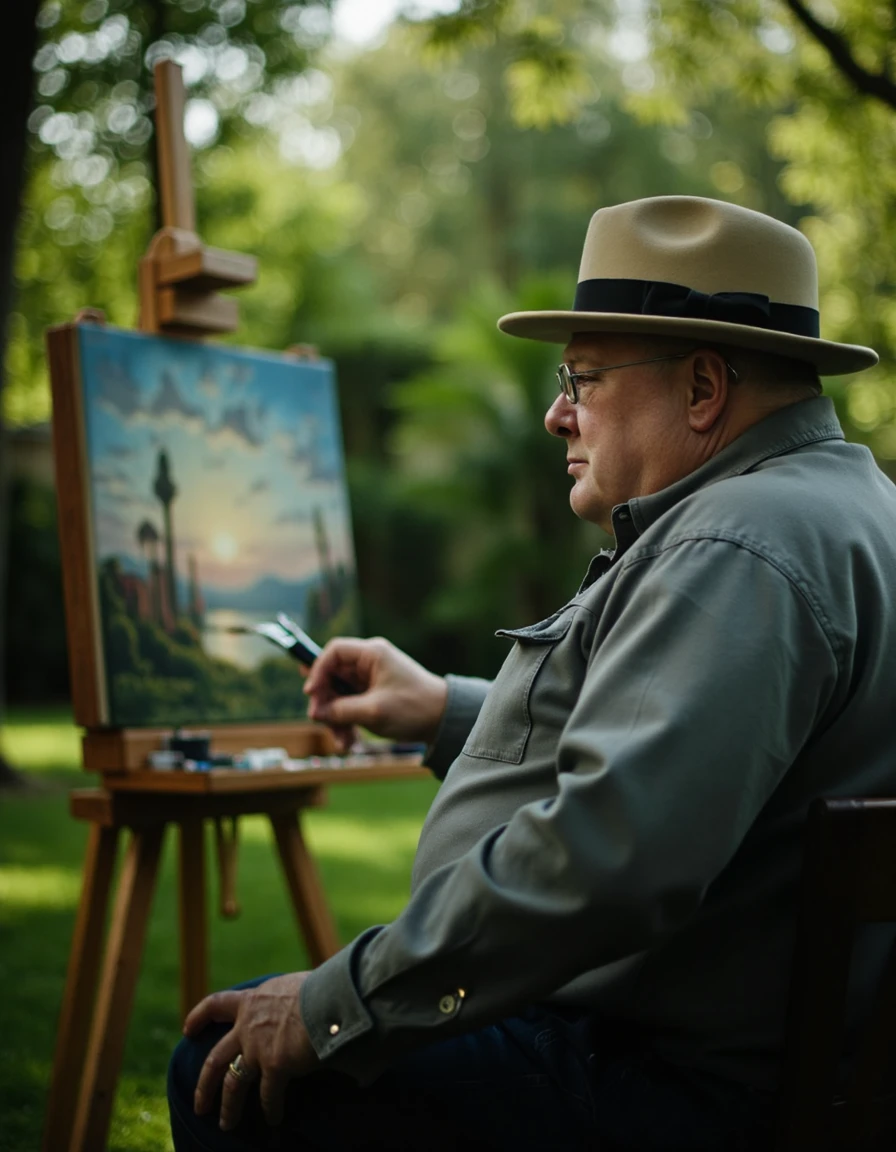 cinematic film still cinematic photo church1ll, an overweight man painting a serene landscape at an easel in a lush garden, wearing a casual shirt and hat, soft natural light on his faceâââ <lora:F1D_Winston-Churchill_v01e07:1> . 35mm photograph, film, bokeh, professional, 4k, highly detailed . shallow depth of field, vignette, highly detailed, high budget, bokeh, cinemascope, moody, epic, gorgeous, film grain, grainyâââ