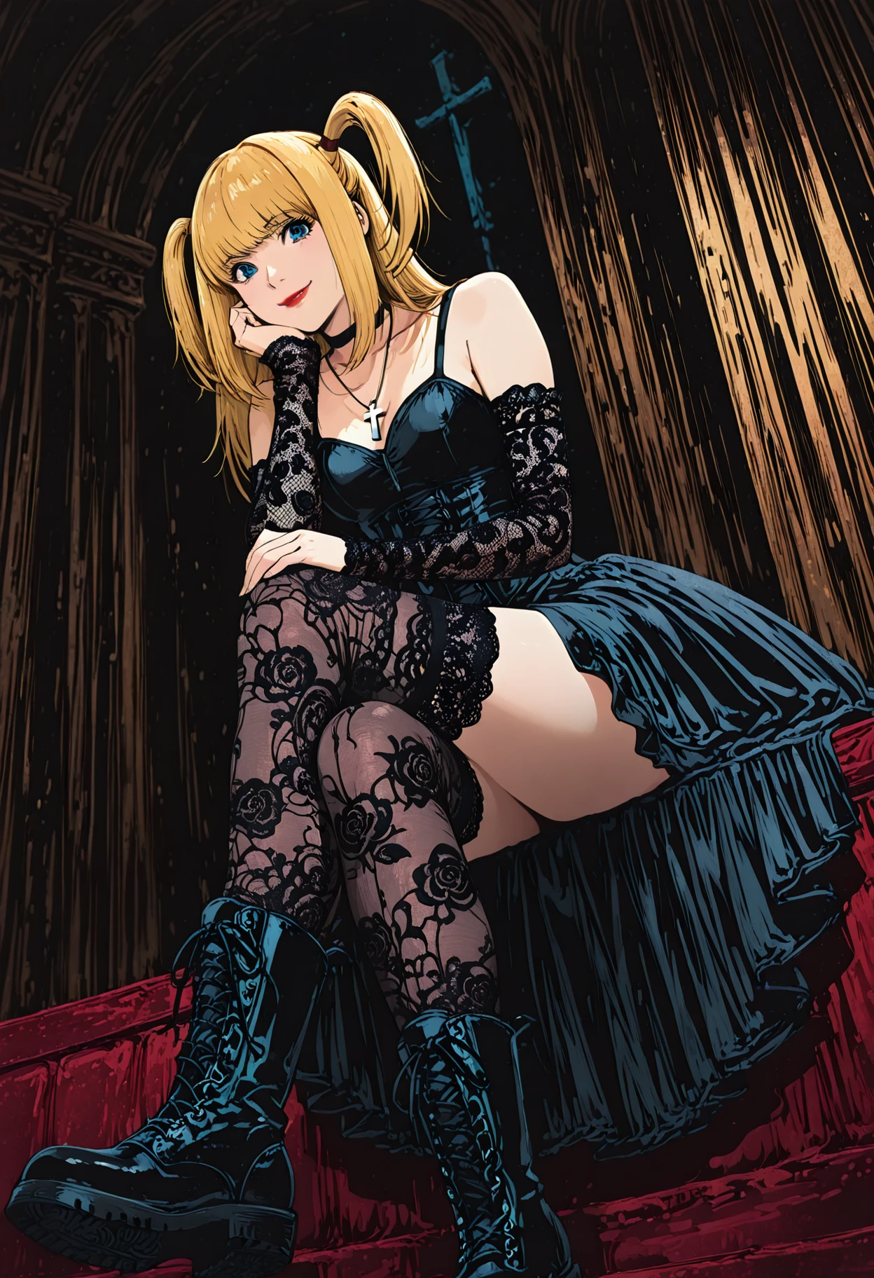 masterpiece, best quality, amazing quality, very aesthetic, absurdres, newest, 1girl, 
<lora:dark_fantasy_illustration_illustriousXL:0.8> dark_fantasy_illustration,
<lora:misa_amane_illustr3:1> aman3_m15a, blonde hair, blue eyes, bangs, long hair, two side up, lips, red lips, straight hair, short hair, twintails, black choker, cross necklace,  gothic, black dress, black thighhighs, lace thighhighs, lace-trimmed thighhighs, black lace thighhighs,  black detached sleeves, black lace detached sleeves, lace sleeves, lace-trimmed detached sleeves,  black lace-up boots,
view from below, from below, crossed legs, sitting, smile, head rest, shoe sole,  looking at viewer,