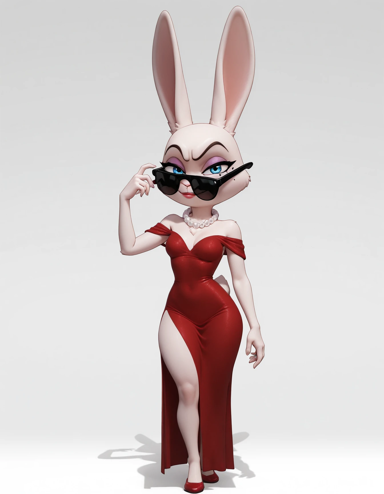 masterpiece, best quality, solo, blue eyes, bare shoulders, 3D
rabb1t-l1arsb4r, anthro, rabbit, red dress, mole, one thigh-high slit, white fur, lips, flared dress, white beads around the neck, mikus-concept, sunglasses, standing, confident pose, white background, full body raised eyebrow, <lora:sus-guy-il:0.8>
<lora:rabb1t-l1arsb4r_il:0.9>