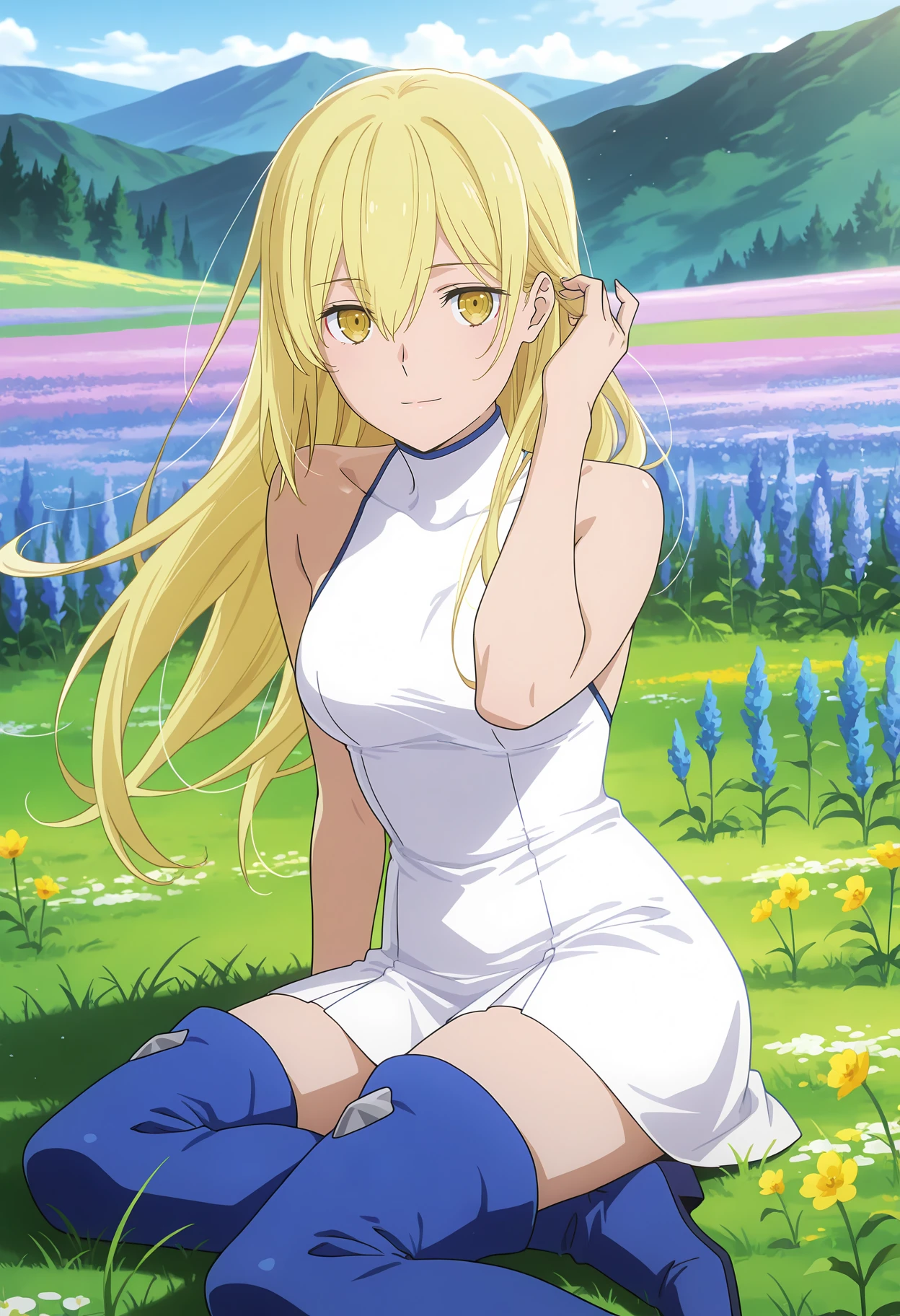 anime screencap, masterpiece, best quality,
<lora:DanMachi_AisWallenstein_IlluXL:0.9>,
1girl, solo, adjusting hair, closed mouth, light smile, floating hair,
straight hair, long hair, blonde hair, hair between eyes, yellow eyes,
AisCasual, turtleneck dress, sleeveless dress, short dress, white dress,
thigh boots, blue footwear,
yokozuwari, on ground, looking at viewer,
scenery, mountains, grass, flower field, nature