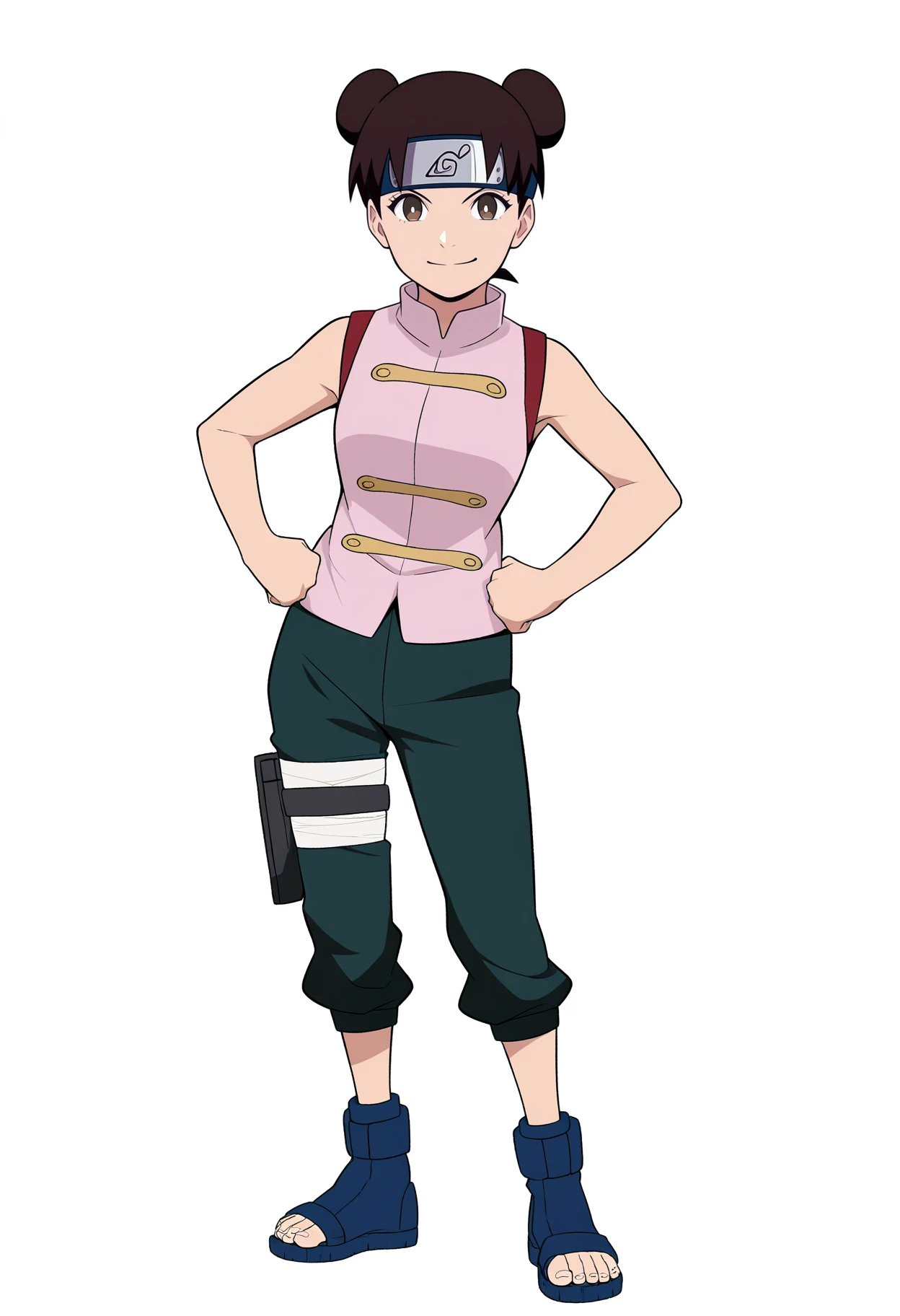 masterpiece, best quality, very aesthetic, absurdres,
1girl, ytenten, brown eyes, brown hair, short hair, double bun, forehead protector,
konohagakure symbol, bare shoulders, sleeveless shirt, pants, bandages, toeless shoes,
full body, standing, hands on hips,
smile, looking at viewer, solo, simple background, white background, <lora:TentenGeninNoobXL_byKonan:1>