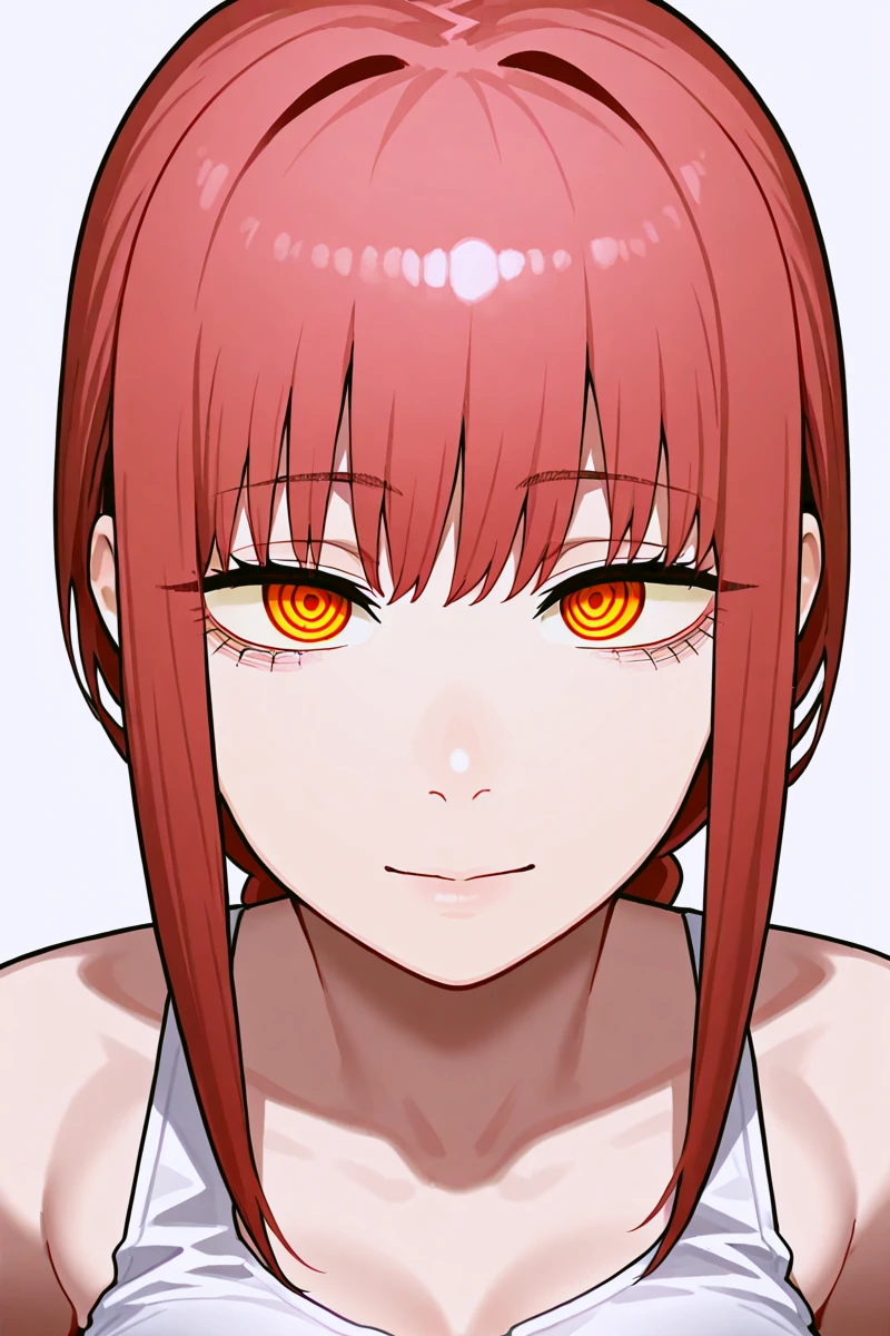 best quality, amazing quality, absurdres, masterpiece, very aesthetic, <lora:Oosawara_Sadao_t3:1> uncensored, makima, makima (chainsaw man), ringed eyes, detailed face, portrait, tank top, white tank top, upper body,