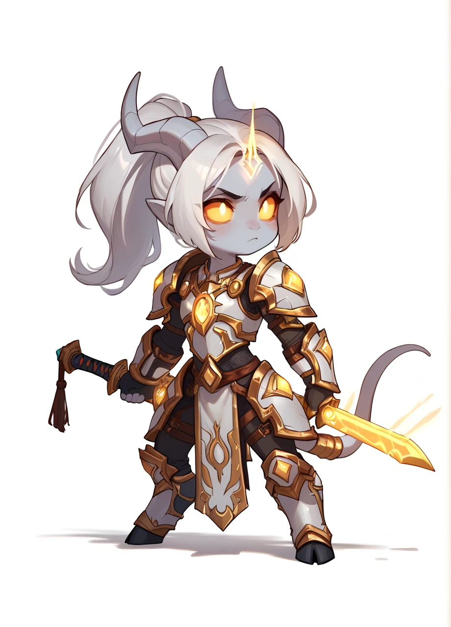 1girl, solo, white background, full body, chibi, lightnei, colored skin, glowing eyes, colored sclera, horns, ponytail, armor, pauldrons, tail, holding sword <lora:Race_Draenei-PONY:0.8>, score_9, score_8_up, score_7_up, score_6_up,