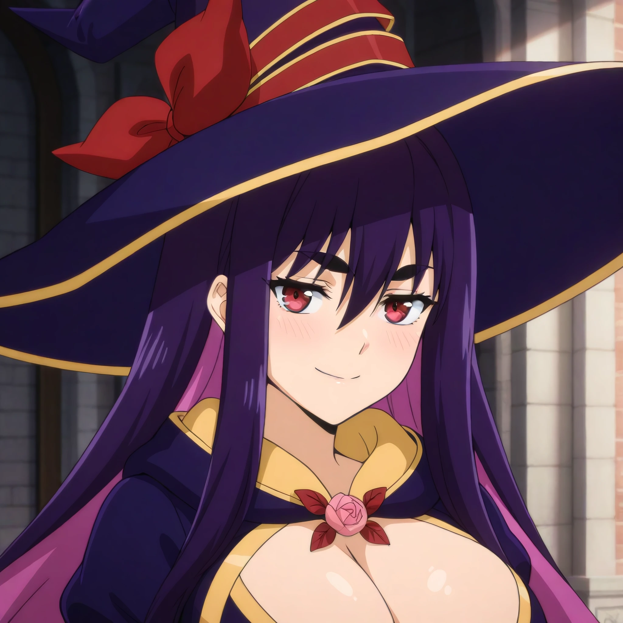 idola_avorn, 1girl, red eyes, solo, witch hat, hat, seductive smile, blush, parted lip, long hair, purple hair, cleavage, medieval city background, looking at viewer, portrait, witch, cape, closed mouth, hair between eyes, thick eyebrows, large breasts, flower<lora:Idola_Avorn-IllustXL:1>, (masterpiece),(best quality),(ultra-detailed),(best illustration),(best shadow),(absurdres),(detailed background),(very aesthetic),
