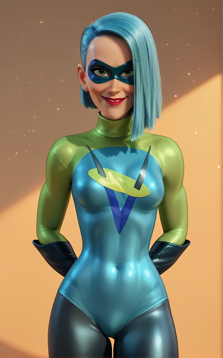 score_9, score_8_up, score_7_up, absurdres,contrapposto, arms behind back, cowboy shot, looking at viewer, backlighting, light smile, light particles, blurry background, depth of field, bloom, gradient background, yellow background, spotlight, <lora:PONYXL_Incredibles2_Voyd_ownwaifu:0.85>, BREAK MainOutfit_Voyd_ownwaifu, 1girl, aqua hair, green eyes, asymmetrical hair, blue hair, hair over one eye, domino mask, elbow gloves, eye mask, blue bodysuit, green bodysuit, green gloves, green legwear, green mask, logo, medium hair, superhero, superhero costume, two-tone bodysuit, lipstick, makeup, red lips, medium breasts, skin tight, turtleneck, multicolored bodysuit, nose, thick thighs, yellow skin, 3d, <lora:add-detail-xl:0.15>,