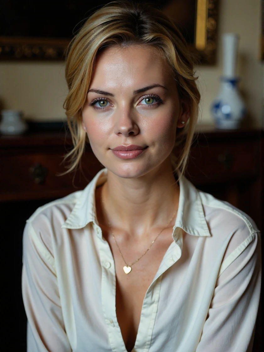 Portrait of beautiful slim swedish 38 years old woman. Hippie bohemian woman. (The palm of the Hand in her face). Pale skin. Light brown short wavy hair. Looking confident and sensually at camera. Sitting in a wooden hut. ( Elbows on the table). bohemian Blouse . No bra. (Enhancing her daring sensual Cleavage). Big round breast.