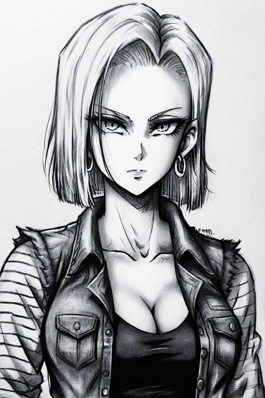 android 18, white hair, eyelashes, hoop earrings, short hair, earrings, belt, black legwear, black shirt, breast pocket, cleavage, collarbone, denim, denim skirt, high-waist skirt, jewelry, long sleeves, pocket, shirt, shirt tucked in, skirt, striped, striped sleeves, waistcoat, 1girl, solo, alone, <lora:drawing_style_illustriousXL:1>, drawing_style, monochrome, greyscale, portrait, masterpiece, highres