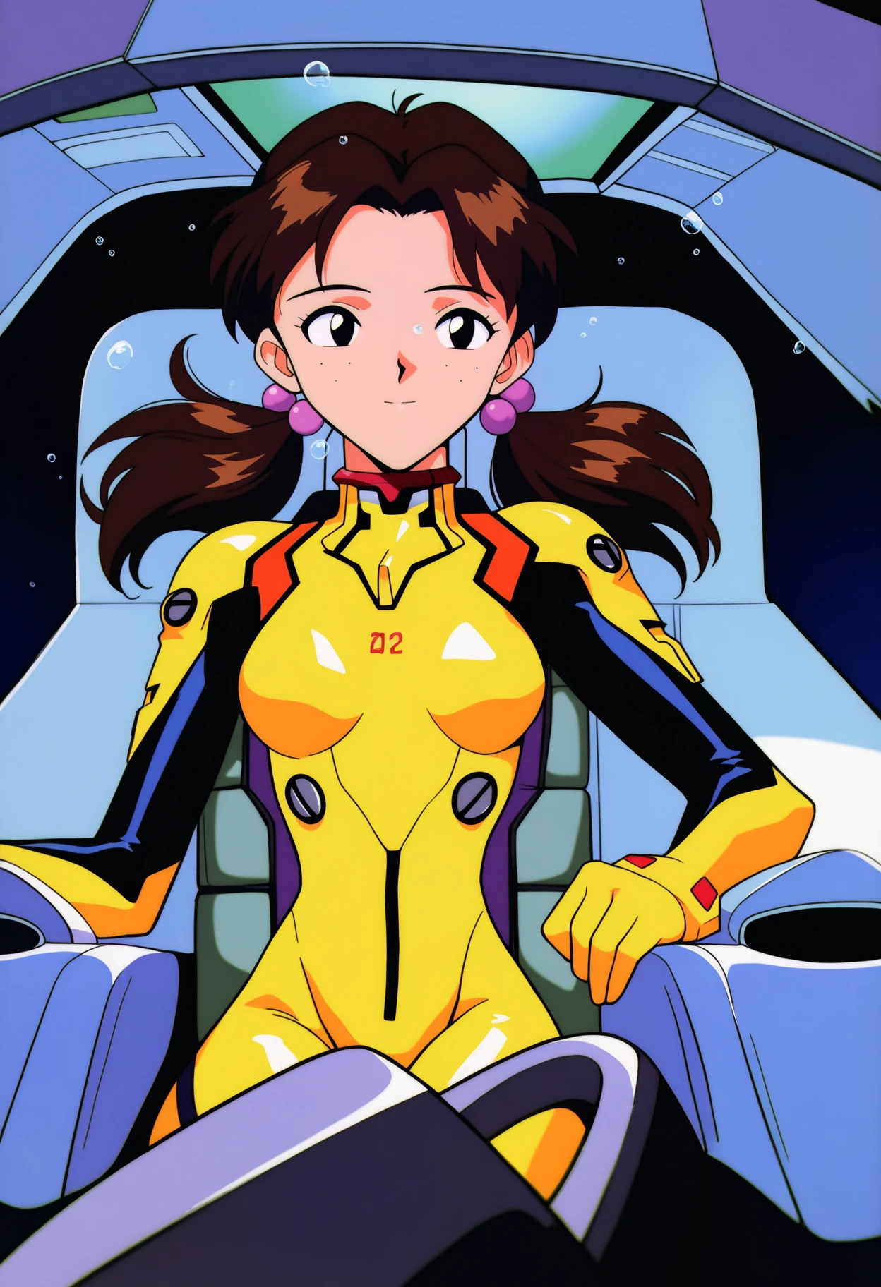 masterpiece, best quality, very aesthetic, absurdres,
1990s \(style\), retro artstyle,
underwater, deep abyss background, dark blue background,
yellow plugsuit, floating bubbles, pilot seat, sitting in cockpit, lying,
1girl, hikarihoraki, brown hair, twintails, freckles, floating hair, hair bobbles, long hair, black eyes <lora:HikariHorakiNoobXL_byKonan:1>