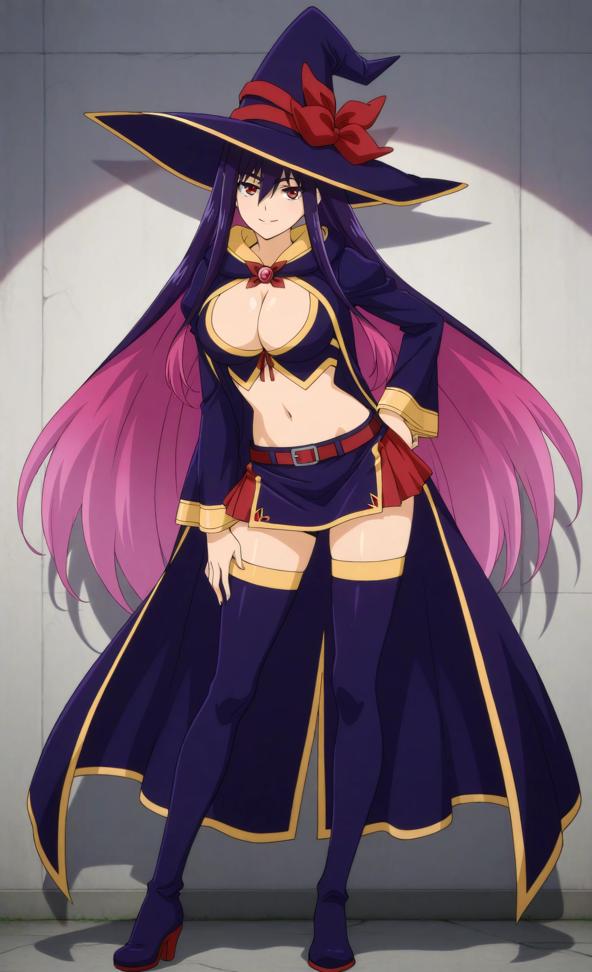 idola_avorn, 1girl, solo, hat, witch hat, long hair, thighhighs, red eyes, navel, skirt, cleavage, thigh boots, pink hair, boots, large breasts, multicolored hair, midriff, hand on hip, very long hair, long sleeves, belt, seductive smile, looking at viewer, full body, leaning on the wall, dark alleyway background, midnight<lora:Idola_Avorn-IllustXL:1>, (masterpiece),(best quality),(ultra-detailed),(best illustration),(best shadow),(absurdres),(detailed background),(very aesthetic),