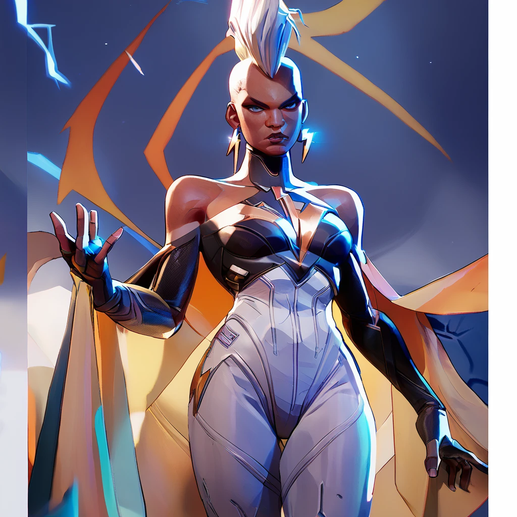 score_9, score_8_up, <lora:0004storm:1>, sturmaz, 1girl, dark skin,dreadlock, white hair, cowboy shot, bodysuit, (midriff:1.3),lightning earrings, cloak, wild mohawk, <lora:last:0.8>, mrlvrvls solo, blue eyes, (bare_shoulders:1.5)