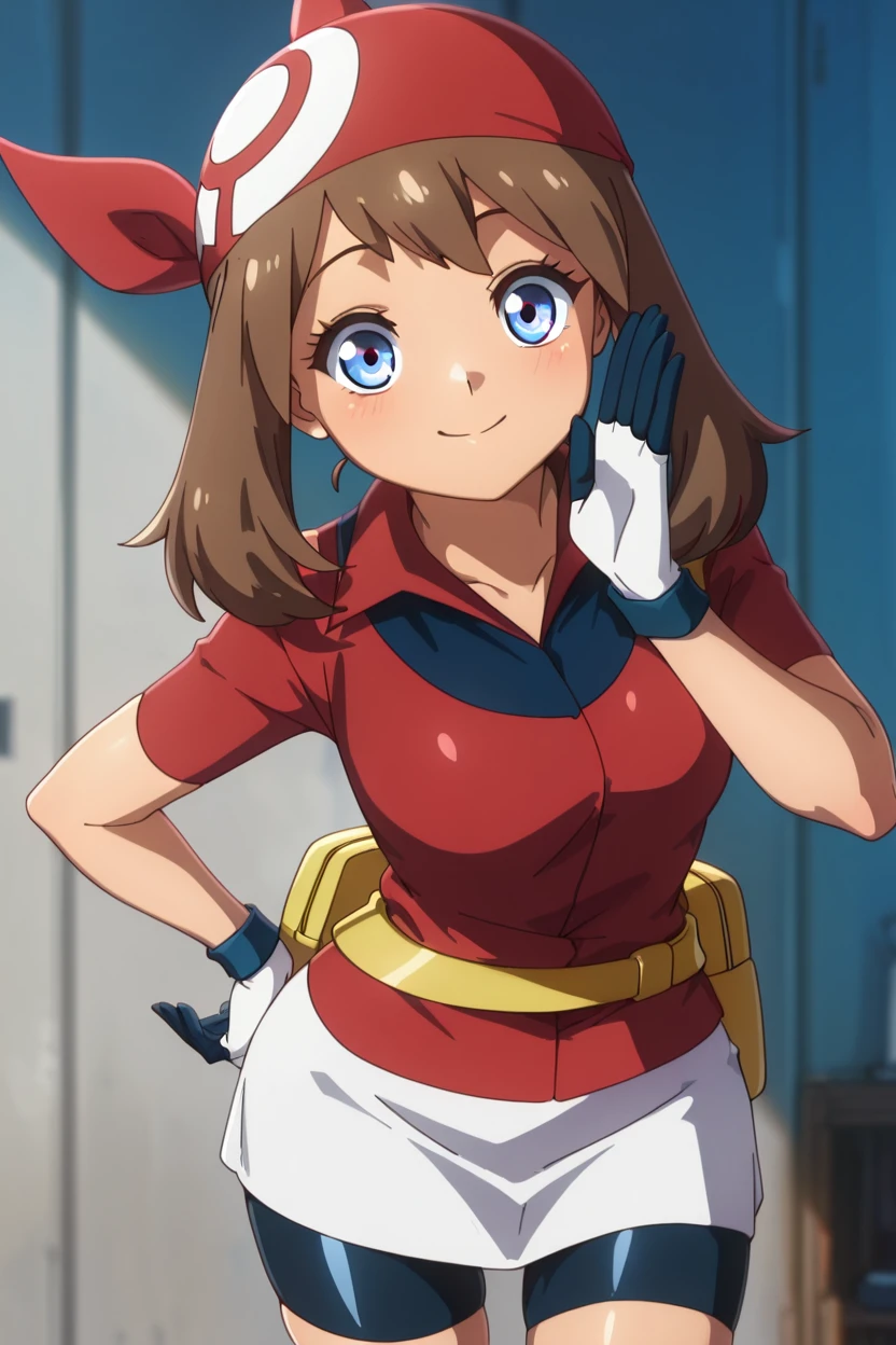masterpiece, best quality, 1girl, solo, beautiful eyes, zzMay, may (pokemon), solo, brown hair, blue eyes, medium hair, red shirt, bike shorts, red bandana, red shirt, gloves, white miniskirt, yellow belt, <lora:MayPokemonIXL_v2:1.0>, <lora:OkitsuraStyleIXL:1.0>, , cowboy shot, leaning forward, smile, looking at viewer, shiny skin,