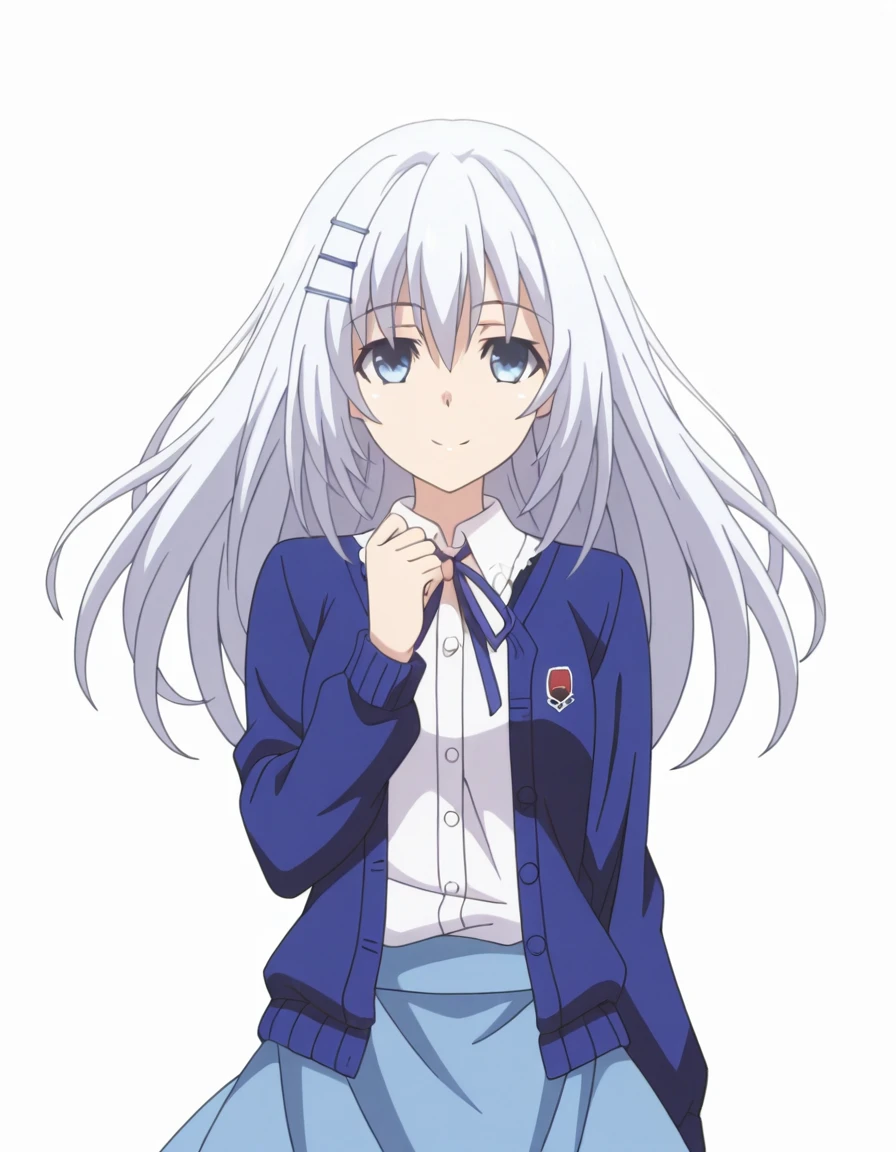 Volumetric Lighting, (masterpiece), (best quality), (ultra-detailed), masterpiece, source_anime, score_9, score_8_up, score_7_up BREAK, illustration, disheveled hair, detailed eyes, perfect composition, moist skin, intricate details BREAK, light depth, Moegami, long hair, white hair, blue eyes, ori hairclip, s3origami, s3 cardigan, open cardigan, blue cardigan, s3 shirt, white shirt, ori hairclip, s3 neck ribbon, s3 skirt, aqua skirt, long skirt, (((white background))), looking at viewer, upper body, smile, upper body, (((detailed face))), hand up, detailed fingers, solo, 1girl