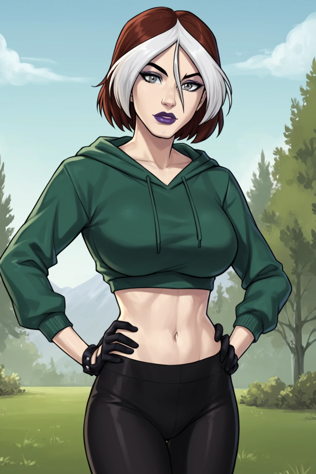 PonyXLV6_Scores BREAK ((parody), perfect anatomy, perfect eyes, cowboy shot) <lora:add_details_xl:0.8> BREAK <lora:RogueEVO:0.8> anne marie, short hair, multicolored hair, two-tone hair, brown hair, white hair, grey eyes, makeup, lipstick, purple lips, flirting, raised eyebrow, ((looking at viewer)), green hoodie, black gloves, black leggings, large breasts, curvy, toned, athletic, standing, hands on hip, outdoors