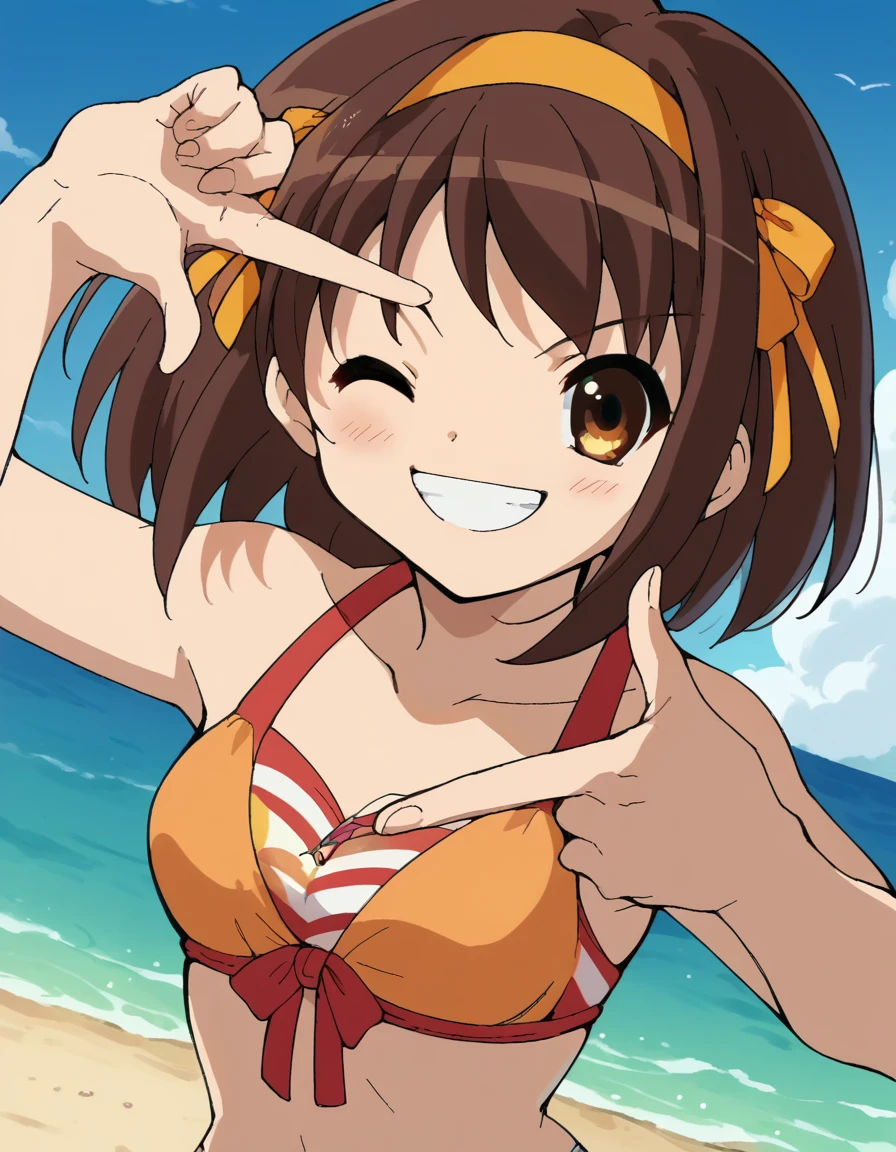score_9, score_8_up, score_7_up, source_anime, <lora:haruhi-suzumiya-s1-ponyxl-lora-nochekaiser:1>, haruhi suzumiya, short hair, brown hair, brown eyes, hairband, medium hair, ribbon, hair ribbon,, <lora:finger-frame-ponyxl-lora-nochekaiser:1>, finger frame, hands up,, one eye closed, smile, teeth, beach, bikini, swimsuit, looking at viewer, blush,,