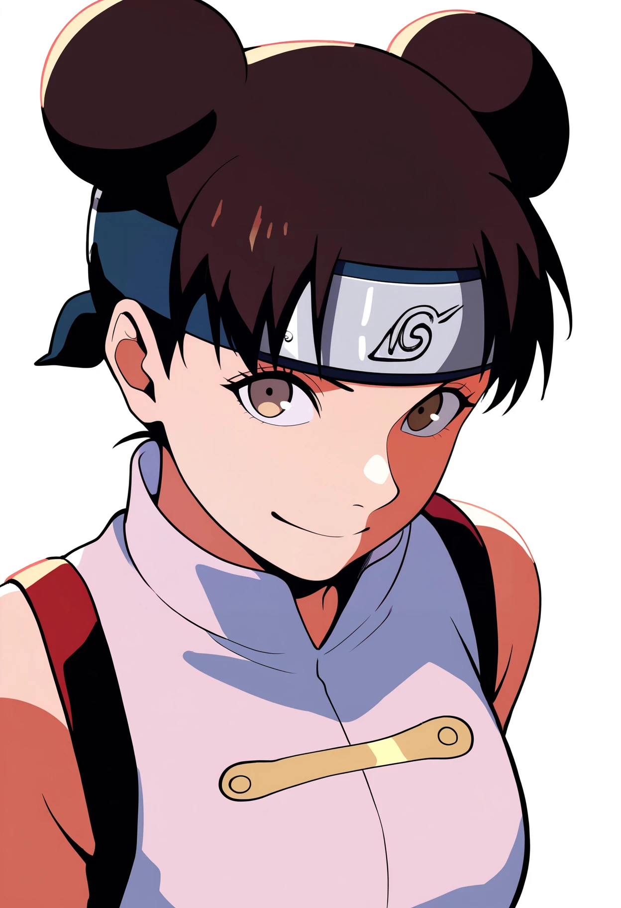 masterpiece, best quality, very aesthetic, absurdres,
1girl, ytenten, brown eyes, brown hair, short hair, double bun, forehead protector,
konohagakure symbol, bare shoulders, sleeveless shirt,
upper body, arms behind back,
smile, looking at viewer, solo, simple background, white background, <lora:TentenGeninNoobXL_byKonan:1>
