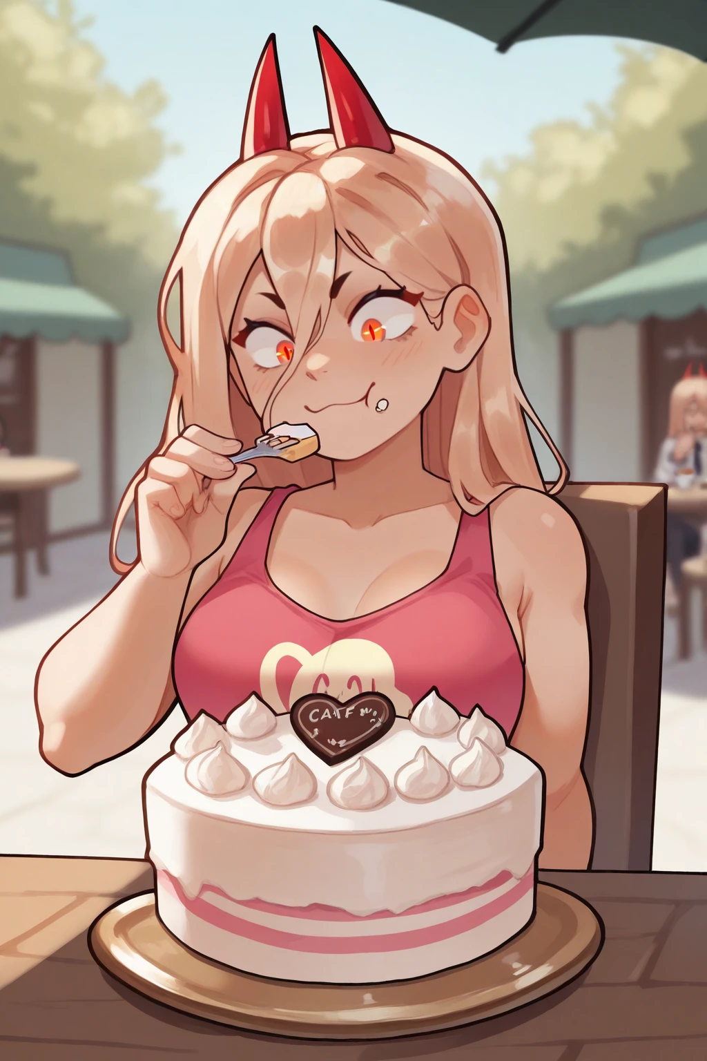 masterpiece, good quality, best quality, very awa, very as2, absurdres, highres,
<lora:MultiplylayerStyleIlluLYCO:1>mtiplyler, outside
power (chainsaw man), holding cake, cafe, dirty mouth, happy, eating, tank top