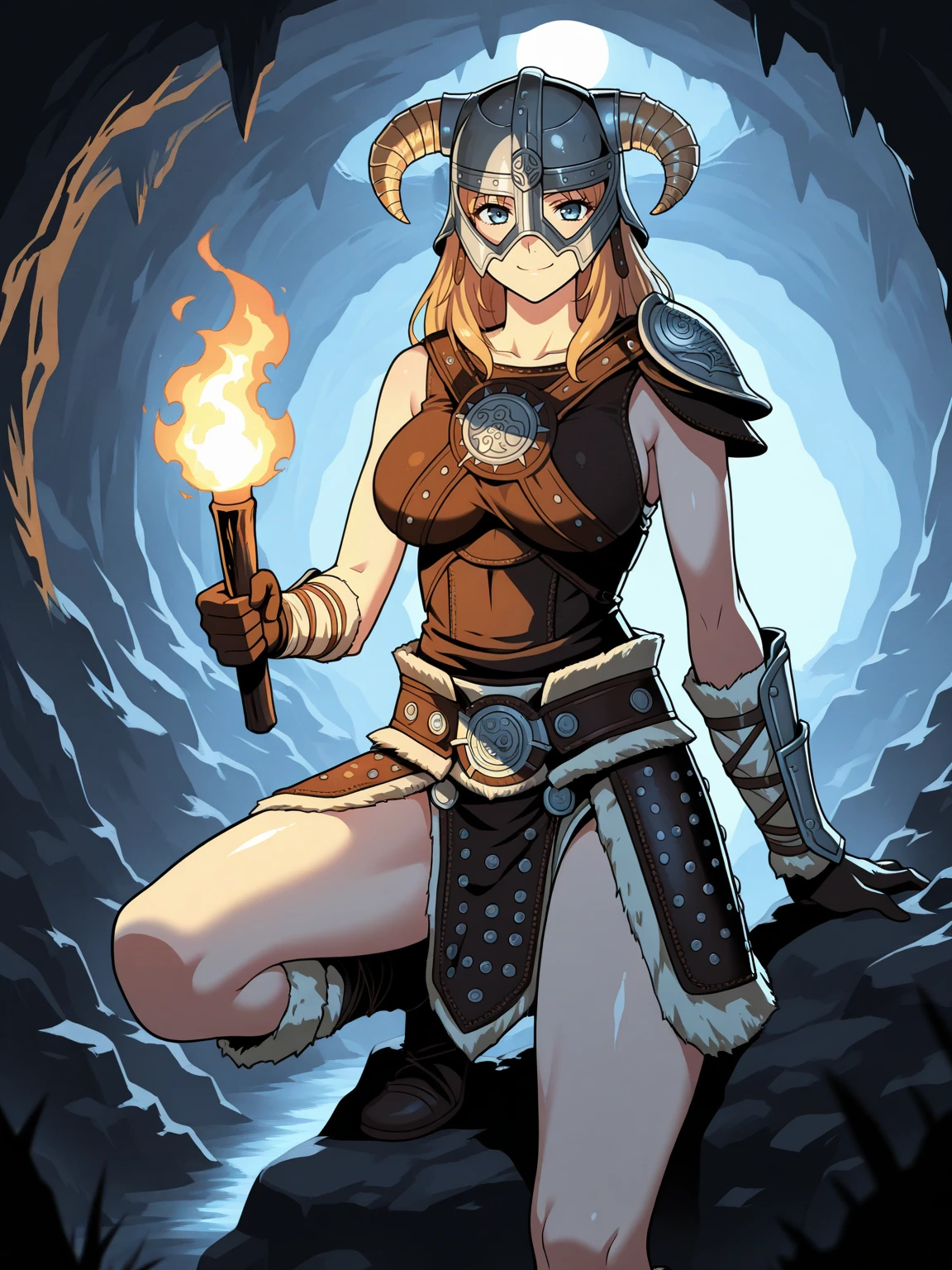 Masterpiece,best quality, vector art,
edgFusRoDah_armor,((horned helmet)), 1girl,solo,large breasts, wearing edgFusRoDah_armor, smile, moonlight, dark (theme), exploring a cave, holding torch, crouching
<lora:edgFusRoDahILS:0.9>