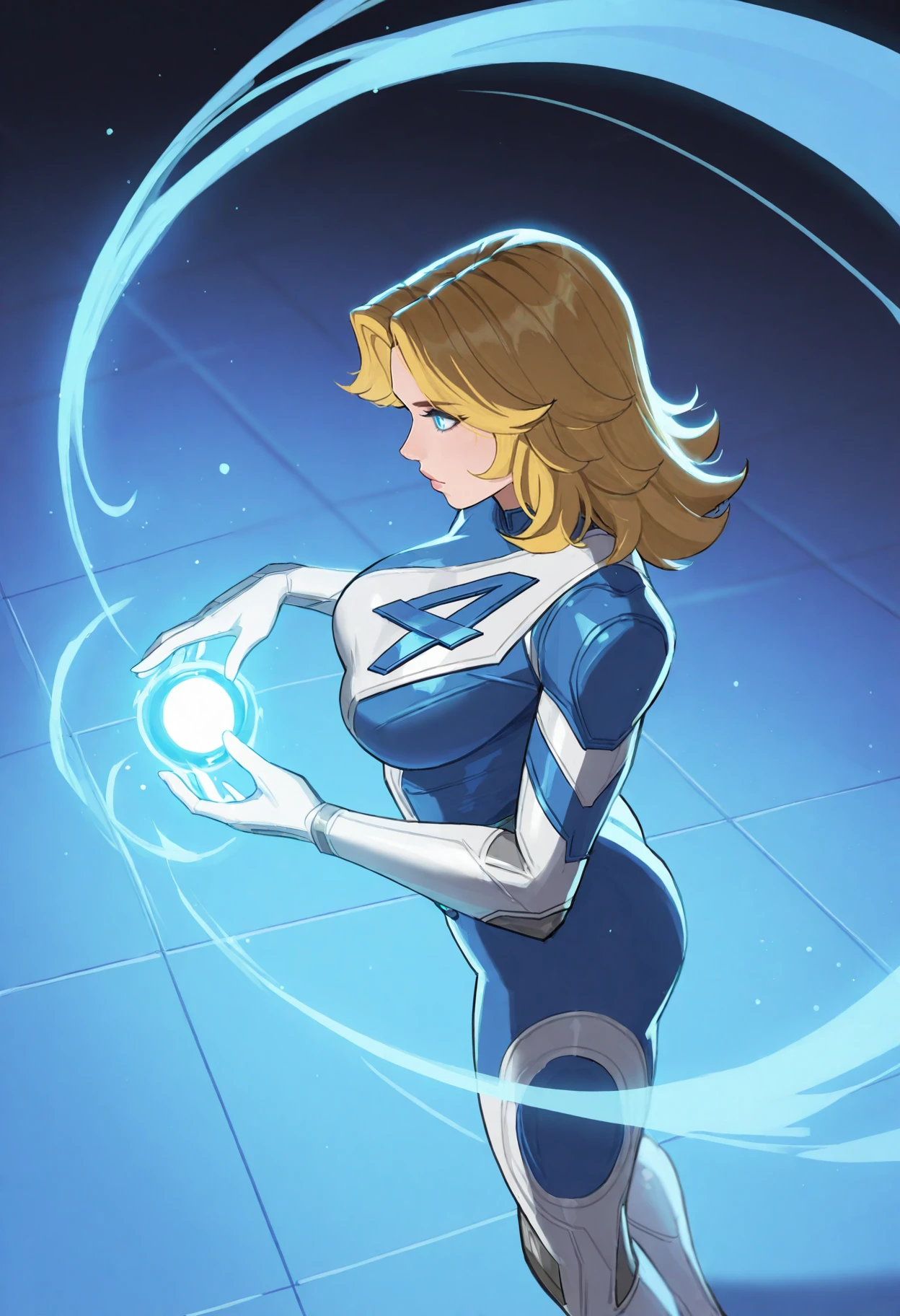suest0rm, side profile, overhead shot, 1girl, susan storm, fantastic four, long blonde hair, glowing blue eyes, large breasts, magic, best quality, masterpiece, <lora:SueStormInvisibleWomanv2:0.8>