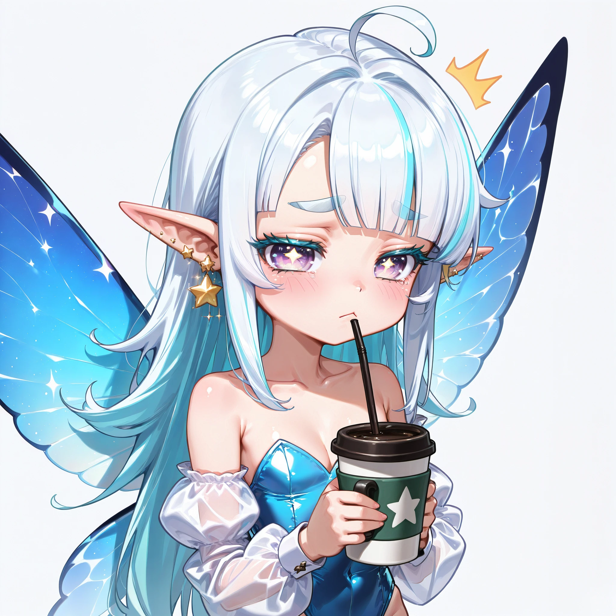 ((white_background, headshot_portrait, (solo_focus, 1girl, solo),  long_hair, blush, looking_at_viewer, eyebrows_visible_through_hair, long_sleeves, original, cleavage, bare_shoulders, jewelry, blue_hair, closed_mouth, purple_eyes, standing, collarbone, ahoge, heart, sidelocks, detached_sleeves, earrings, white_hair, small_breasts, fairy_wings, multicolored_hair, pointy_ears, puffy_sleeves, tears, blunt_bangs, star_(symbol), medium_hair, shiny_hair, leotard, two-tone_hair, shiny_skin, flat_chest, see-through, aqua_hair, sparkle, eyelashes, symbol-shaped_pupils, streaked_hair, gradient_hair, blue_dress, frown, embarrassed, swept_bangs, looking_down, commission, half-closed_eyes, ^^^, thick_eyebrows, :<, strapless_dress, holding_cup, straight_hair, shiny_clothes, strapless_leotard, drinking_straw, colored_eyelashes, mug, white_sleeves, light_blush, glint, drink, single_earring, multicolored_eyes, raised_eyebrows, asymmetrical_bangs, furrowed_brow, fairy, notice_lines, light_blue_hair, star_earrings, sad, disposable_cup, coffee, raised_eyebrow, half-closed_eye, gradient_eyes, blue_wings, coffee_cup))