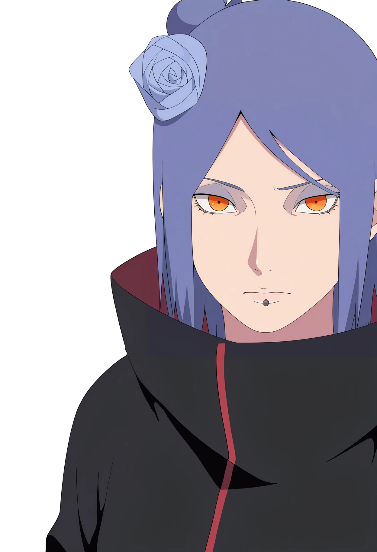 masterpiece, best quality, very aesthetic, absurdres,
1girl, konan, blue hair, orange eyes, hair flower, lip piercing,
cloak
upper body,
looking at viewer, solo, (simple background, white background:1.3), <lora:KonanNoobXL_byKonan:1>