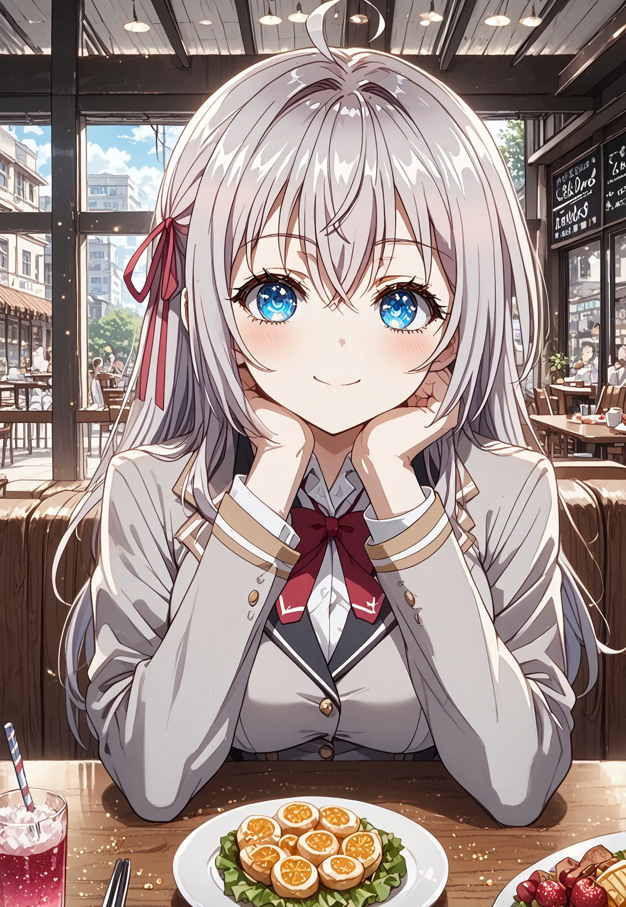 safe_pos, score_9, score_8_up, score_7_up, (masterpiece, detailed:1.2), (best quality:1.2), (High Resolution), (More Details), ((4k,8k,UltraHD)),(8K), (High Resolution), (detailed background :1.0), female focus, sharp focus, newest, ultra-detailed, 1girl, solo, alisa mikhailovna kujou, long hair, bangs, blue eyes, hair ribbon, ahoge, grey hair, red ribbon, , skirt, shirt, long sleeves, bow, school uniform, jacket, white shirt, pleated skirt, collared shirt, bowtie, black skirt, red bow, red bowtie, blazer, grey blazer, long sleeves, POV, pov across table, pov dating, cafe, restaurant, table, head rest, smile, elbow on table, elbow rest, food, drink, cup, eyesHD, high gradient eyes, high definition eyes, Aesthetic style,(glitter),soft anime