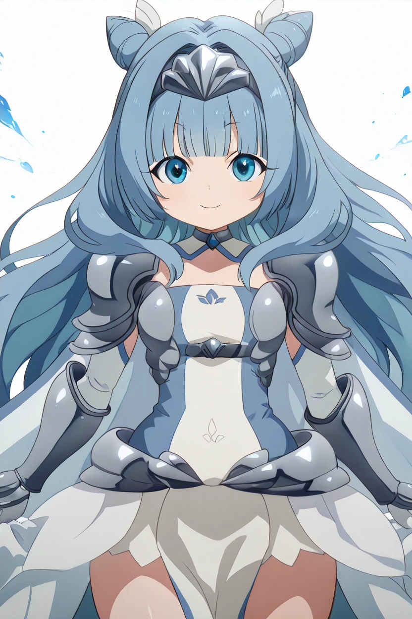 masterpiece, best quality, solo, curvy, beautiful eyes, zzSylphy, blue eyes, blue hair, long hair, blunt bangs, double bun, hair intakes, armor, shoulder armor, pauldrons, hair bun, breastplate, dress, <lora:SylphyMobKaraIXL:1.0>, dynamic pose, cowboy shot, smile, looking at viewer, shiny skin,<lora:HaradaTakehitoIXL_v3:1.3>, <lora:ZankuroIXLLight_v2:0.6>,