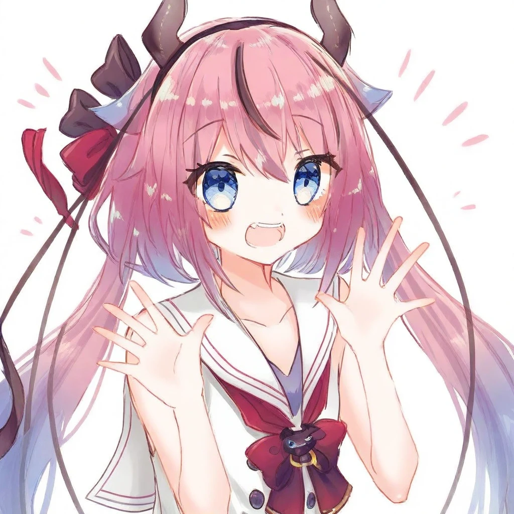 horn headband, gradient hair, Hime, sleeveless, open mouth, upper body, blue eyes, smile, bright eyes, pink hair, sailor collar, long hair, shirt, horns, twintails