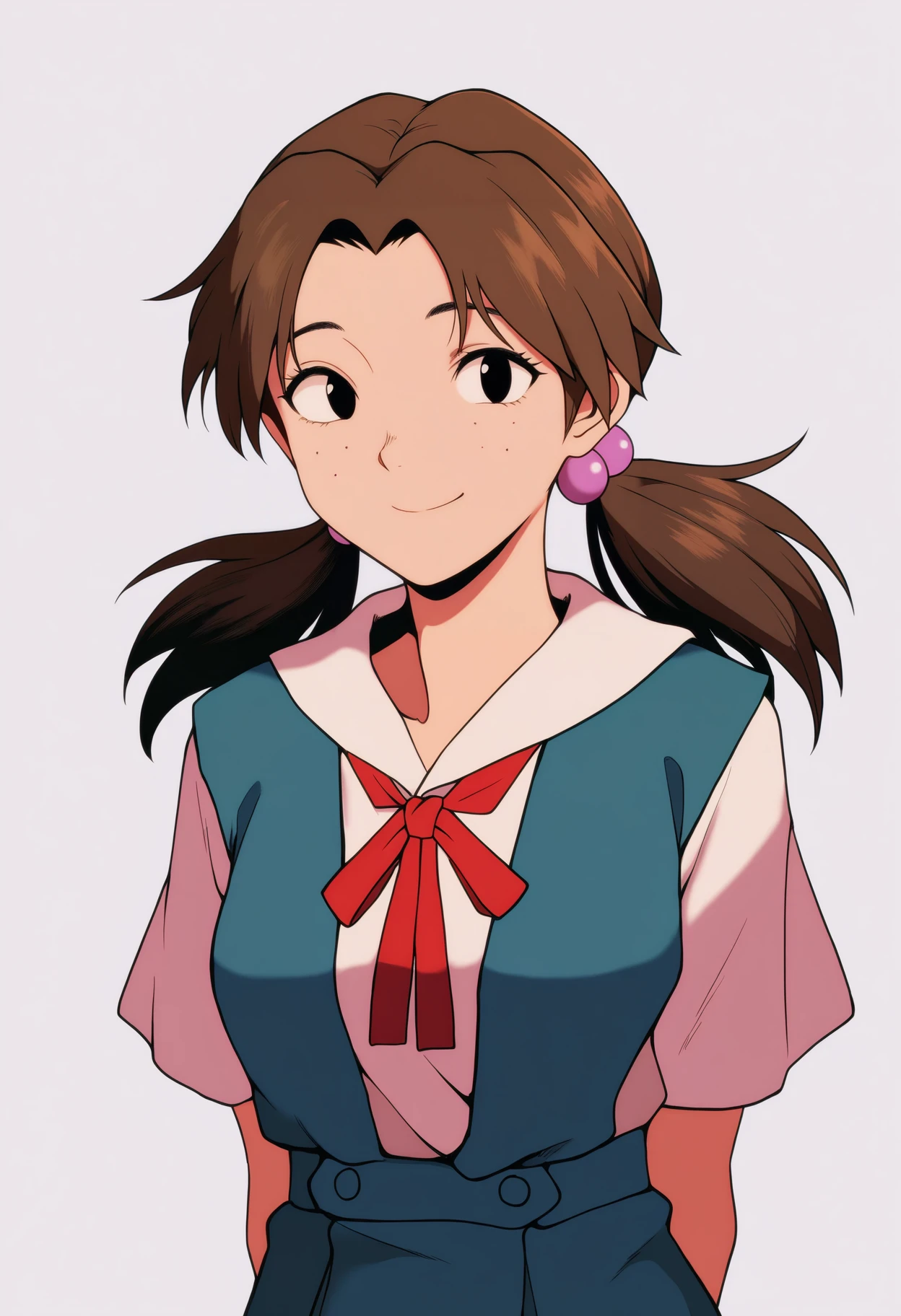 masterpiece, best quality, very aesthetic, absurdres,
1girl, hikari horaki, brown hair, twintails, freckles, hair bobbles, long hair, black eyes,
ribbon, short sleeves, suspender skirt, tokyo-3 uniform,
arms behind back, smile, upper body, looking at viewer, solo, simple background, white background <lora:HikariHorakiNoobXL_byKonan:1>