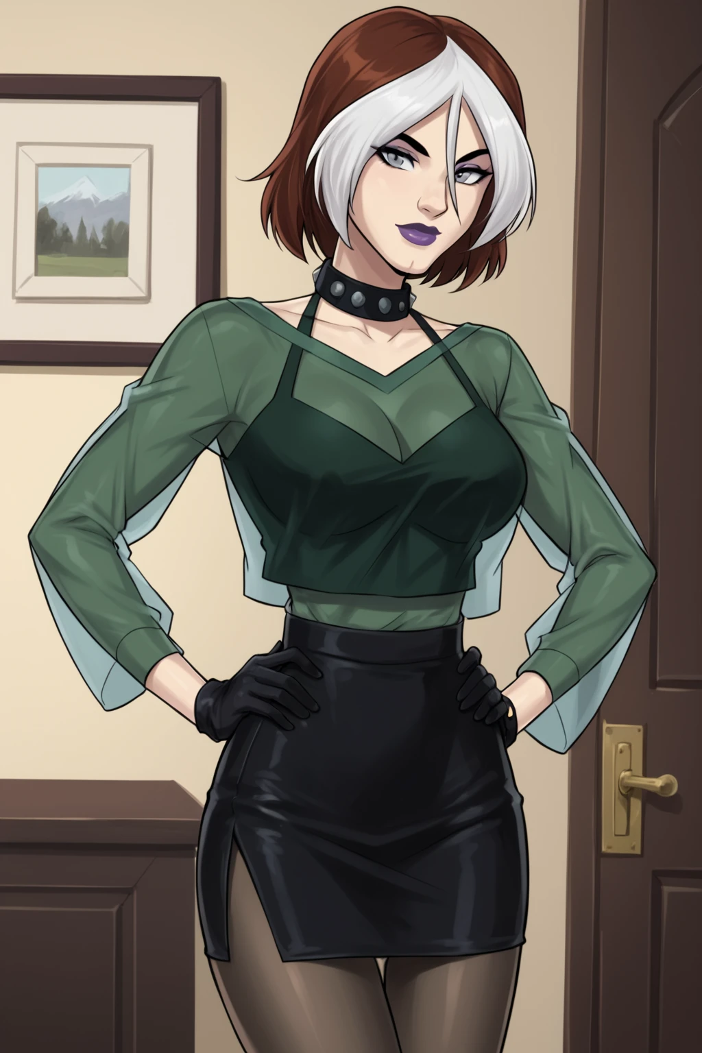 PonyXLV6_Scores BREAK ((parody), perfect anatomy, perfect eyes, cowboy shot) <lora:add_details_xl:0.8> BREAK <lora:RogueEVO:0.8> anne marie, short hair, multicolored hair, two-tone hair, brown hair, white hair, grey eyes, makeup, lipstick, purple lips, flirting, raised eyebrow, ((looking at viewer)), studded collar, see-through, green shirt, long sleeves, black gloves, pencil skirt, pantyhose, large breasts, curvy, toned, athletic, standing, hands on hip, indoors