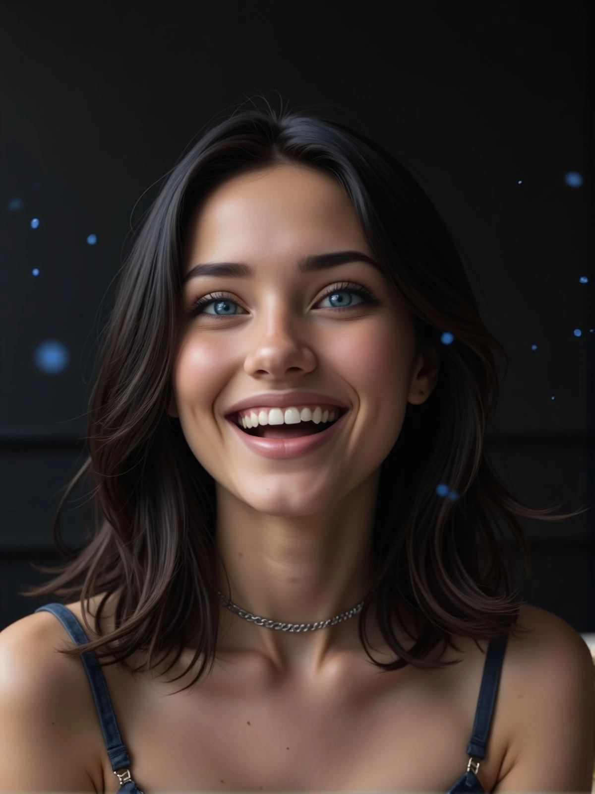 Sharp detailed photography of a young woman, laughing. She is wearing an elegant dress and a choker. Close portrait. Her mouth is open. There is a black wall behind her and magical floating particles. <lora:woomy-1-flux:1> blue eyes, black hair, medium hair,