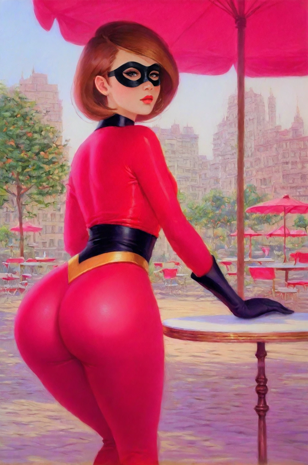 oil painting \(medium\), realistic, traditional media, cover, scan, eye mask
dutch angle, cover, scan, 1girl, solo, red bodysuit, from behind, ass focus, huge ass, helen parr, the incredibles, city, tree, table, parasol
<lora:Konstantin_Razumov_IL-000011:1>, masterpiece, best quality, newest, absurdres, highres